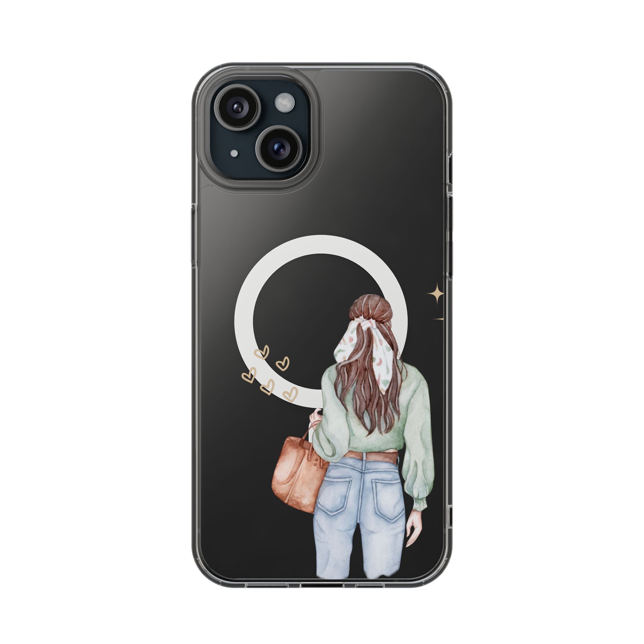 Phone case with illustration of a person, earrings, and handbag on a black background