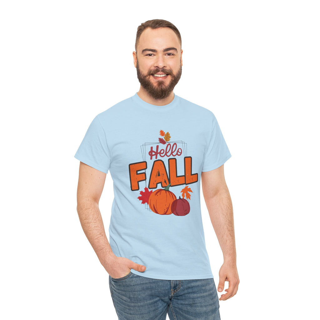 Man wearing a light blue t-shirt with 'Hello Fall' and autumn-themed graphics on a white background