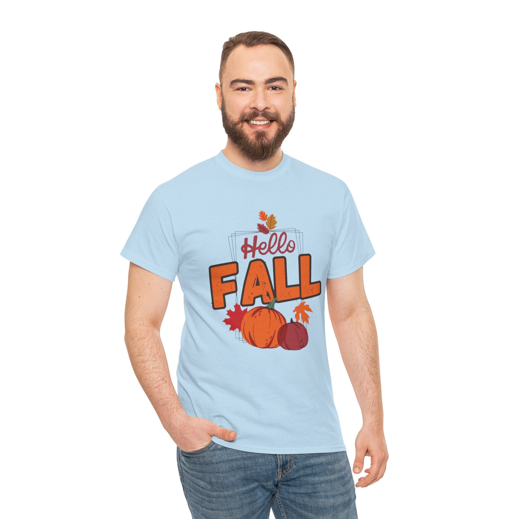 Man wearing a light blue t-shirt with 'Hello Fall' and autumn-themed graphics on a white background