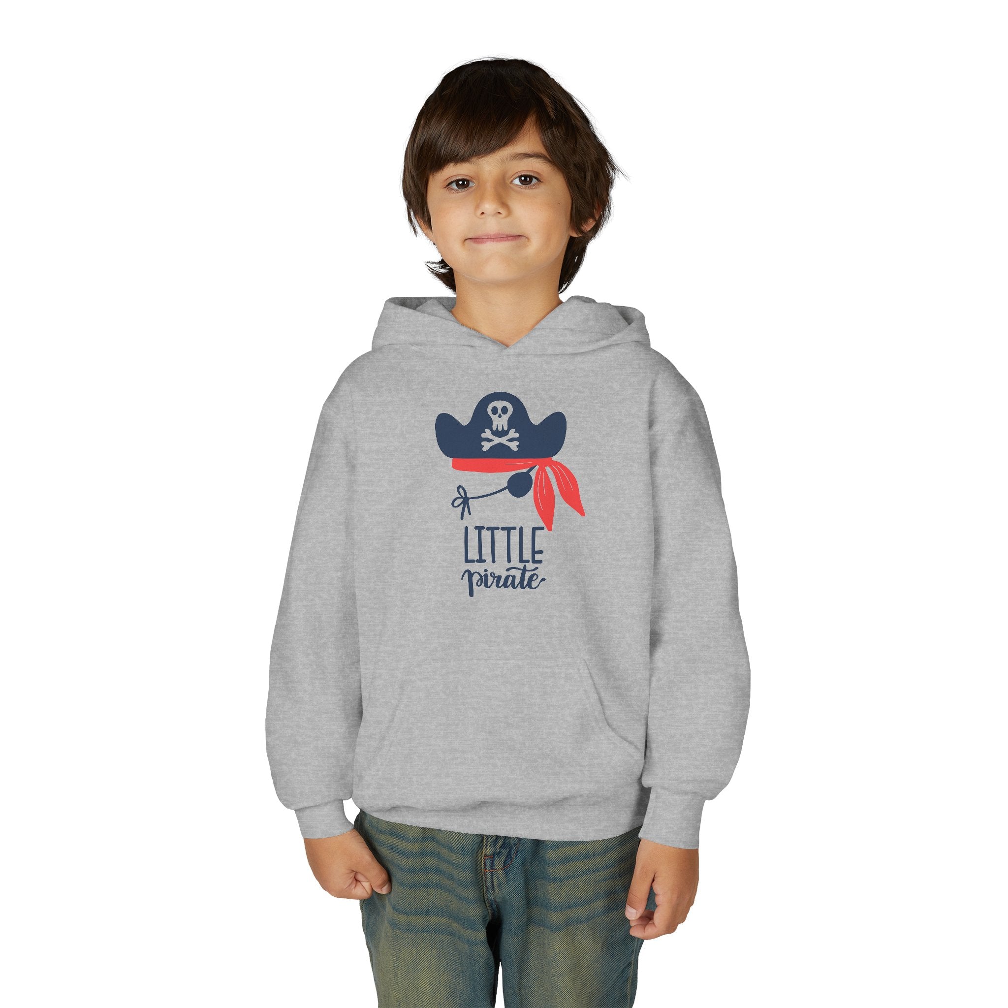 Child wearing a gray hoodie with a 'Little Pirate' design on a white background