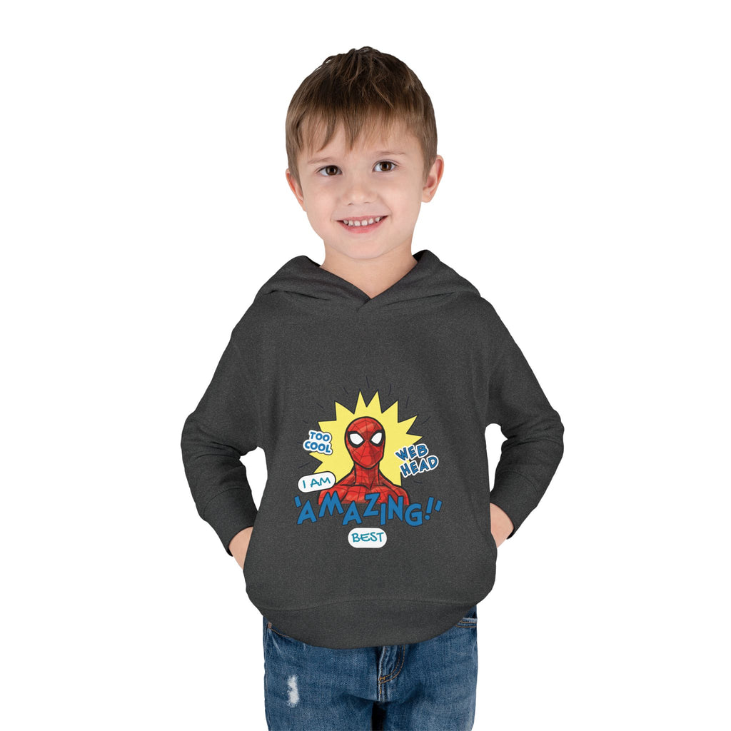 Child wearing a dark gray hoodie with a superhero design on a white background