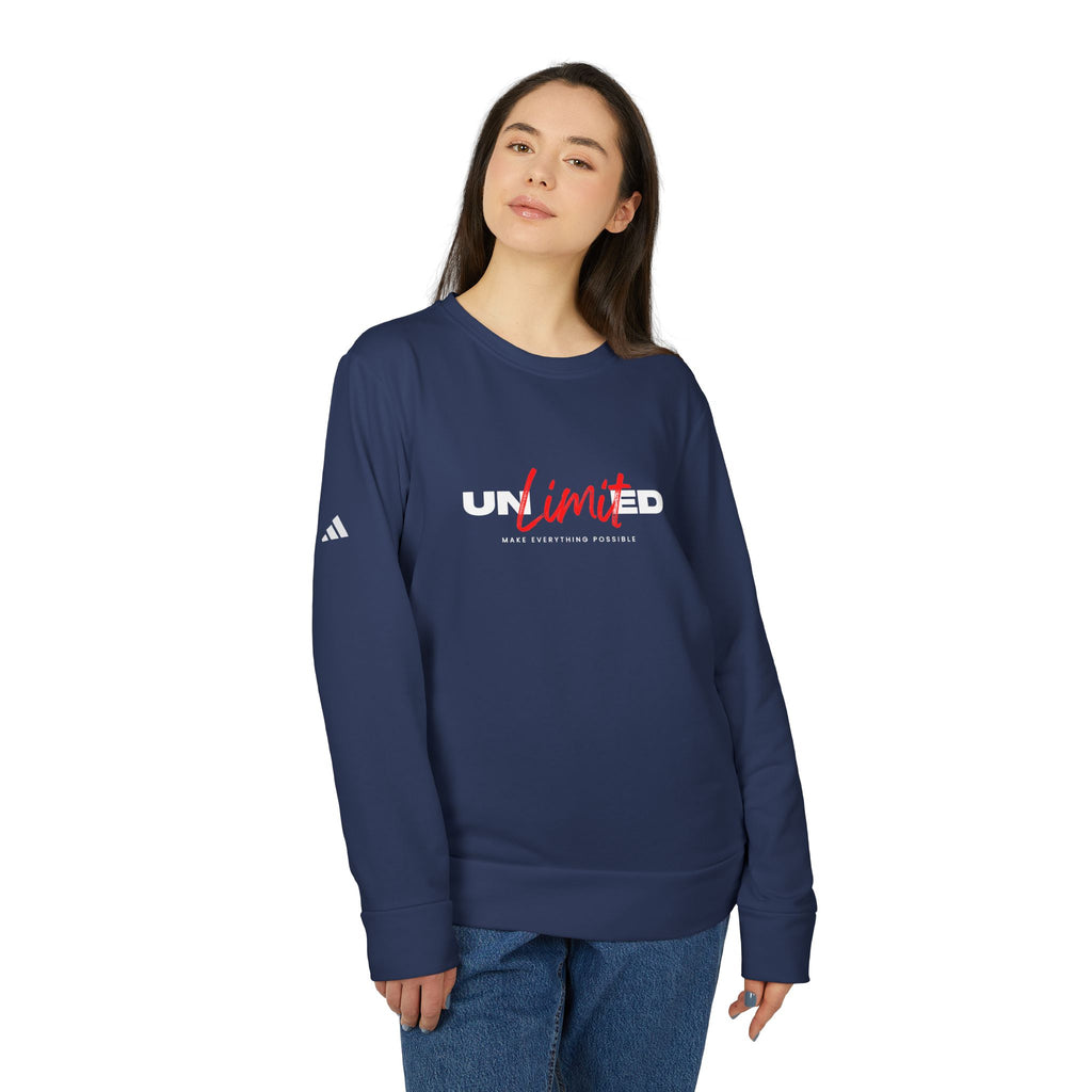 Person wearing a navy blue sweatshirt with 'UNLTD' and Adidas logo on a white background