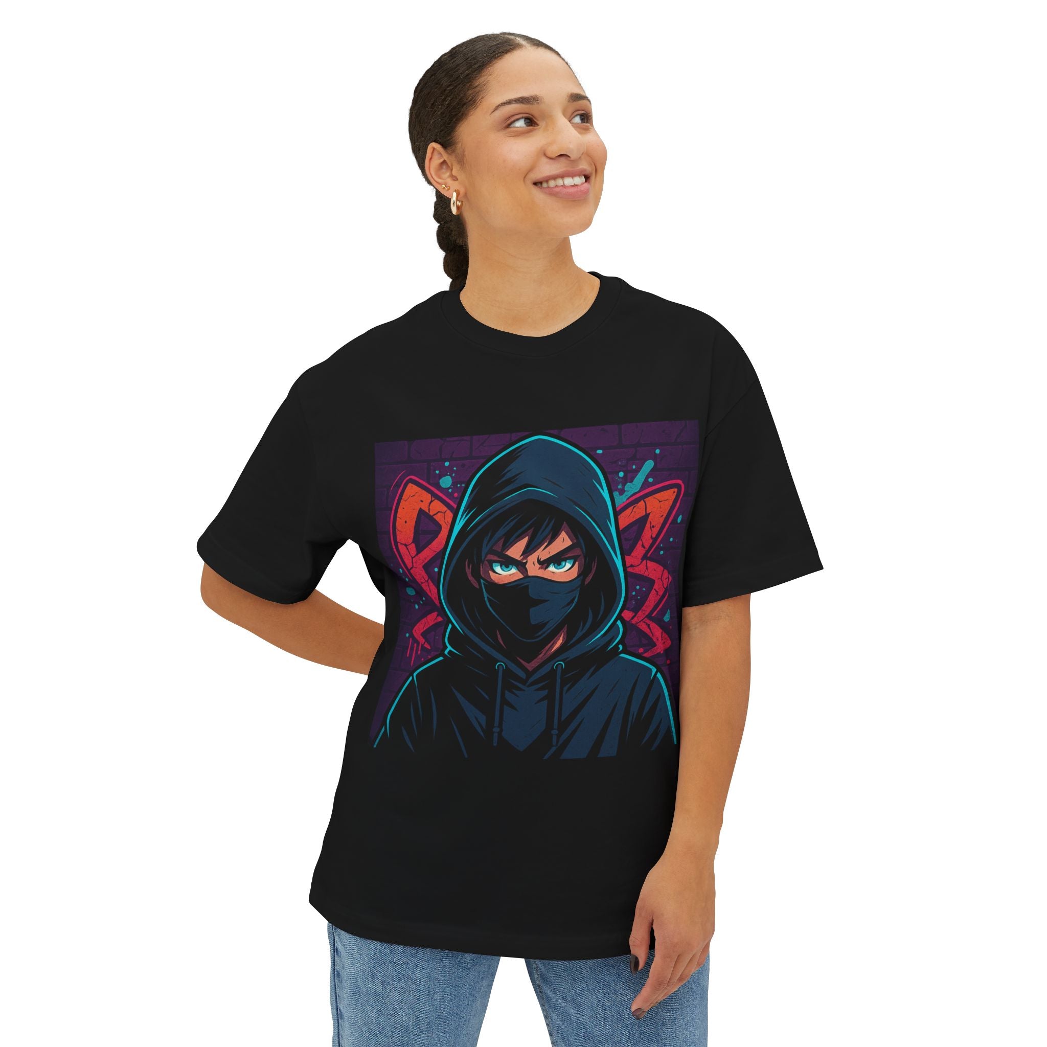 Person wearing a black t-shirt with a colorful graphic design on a white background