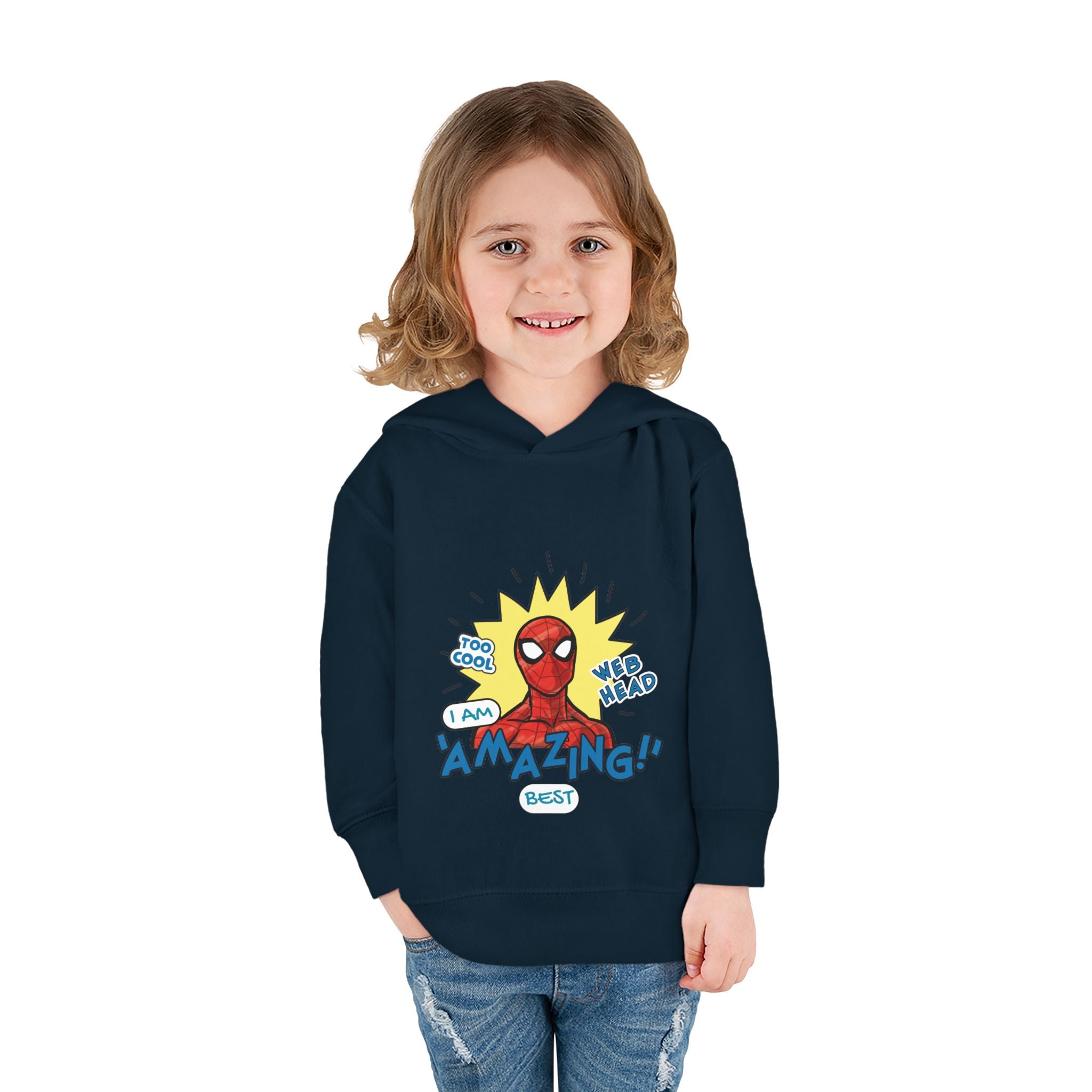 Child wearing a navy hoodie with Spider-Man graphic and text on a white background
