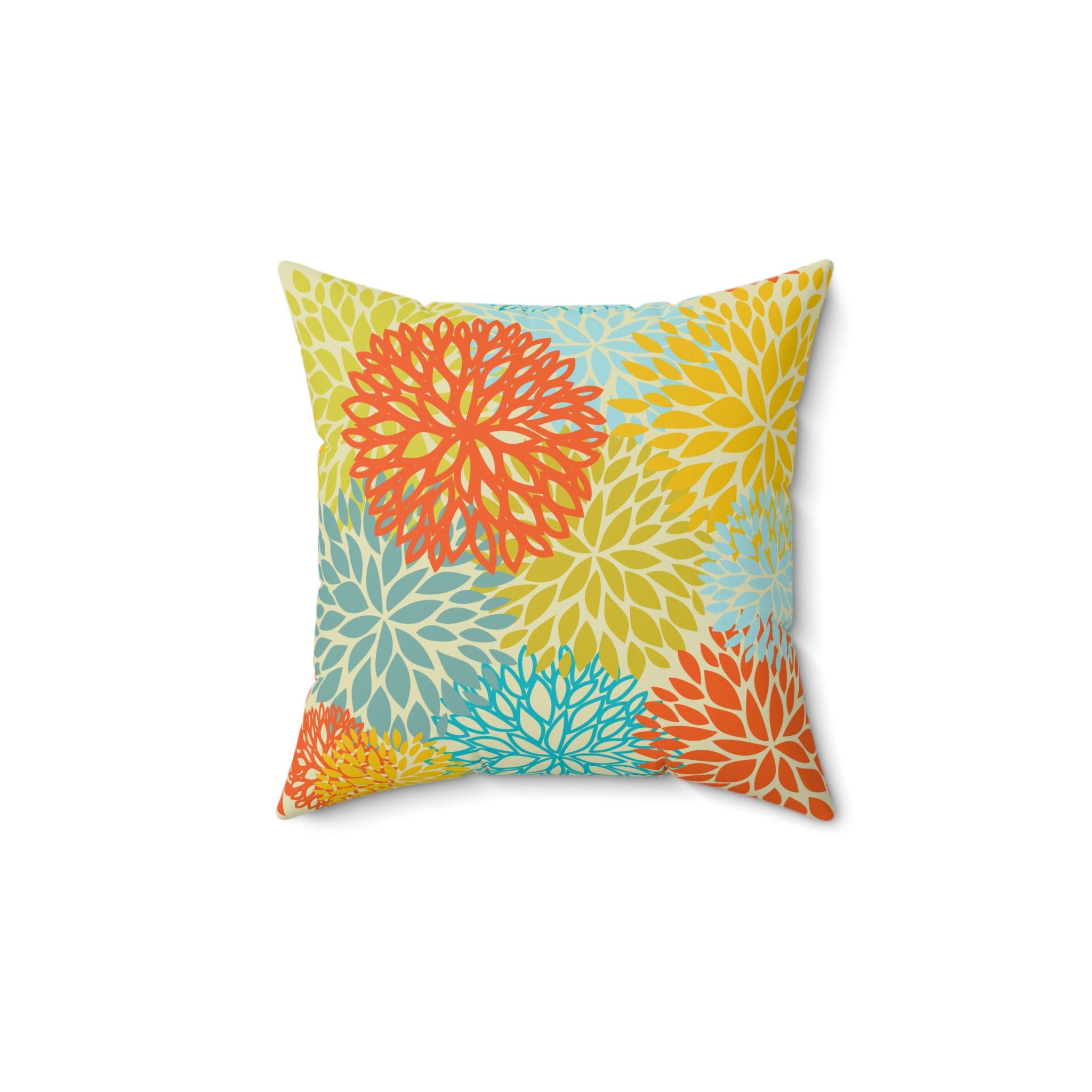 Colorful floral-patterned pillow on a white background