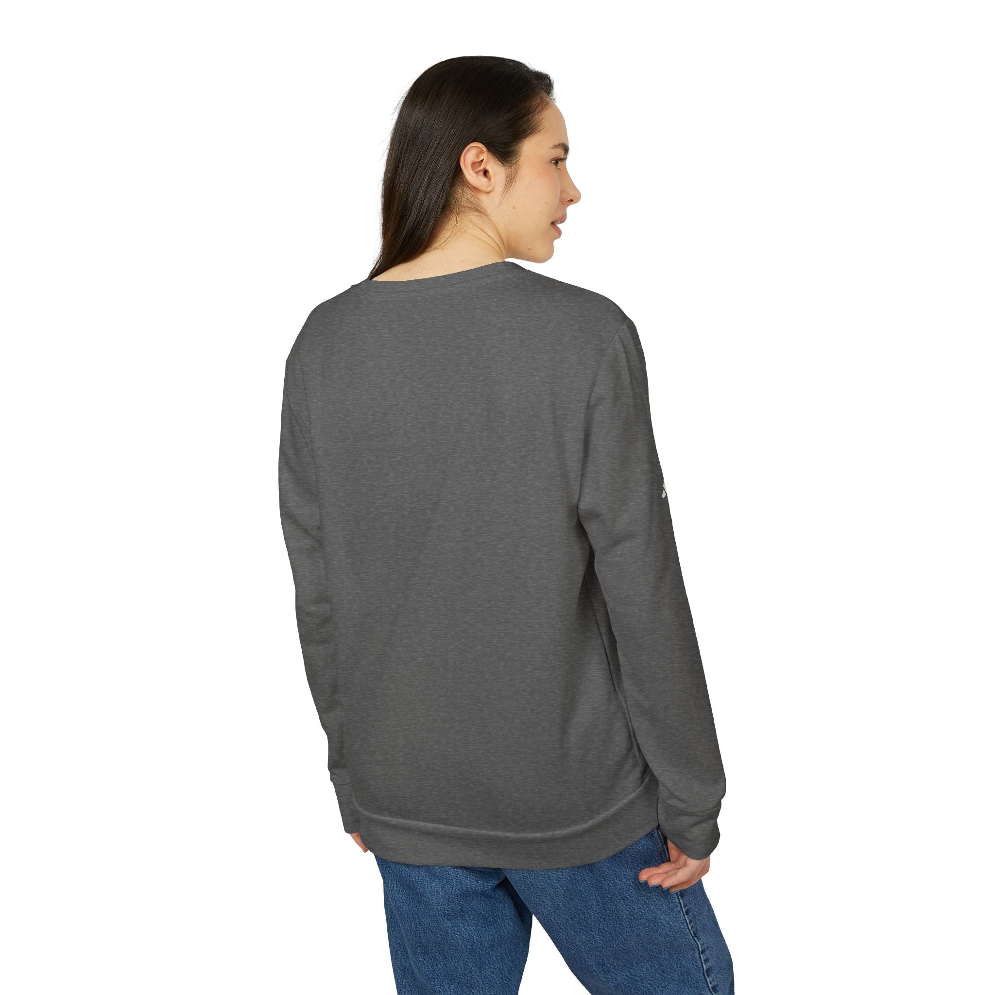 Person wearing a gray sweatshirt on a white background