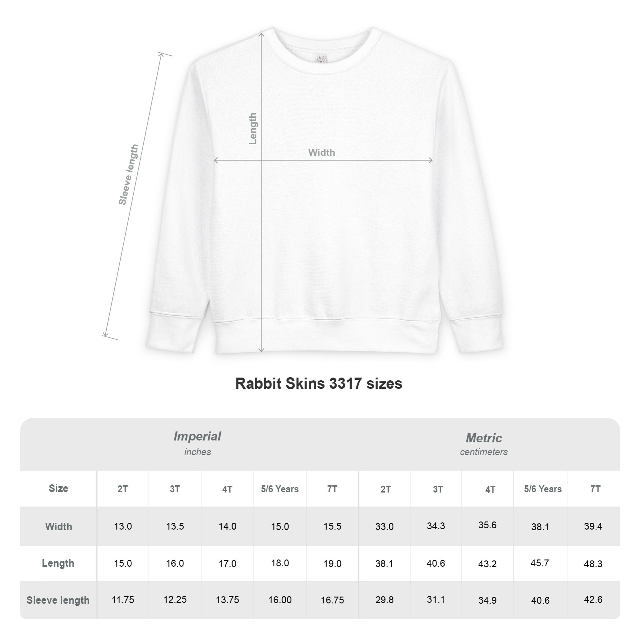 White sweatshirt with measurement chart and size chart for Rabbit Skins 3317