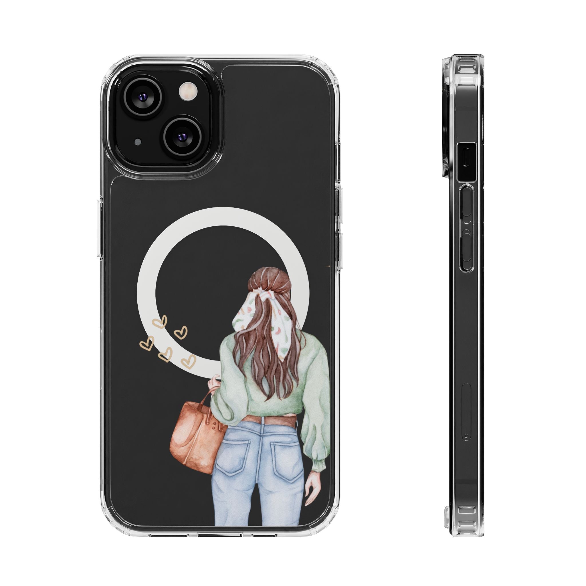 Phone case with illustration of a person shopping for earrings on a black background