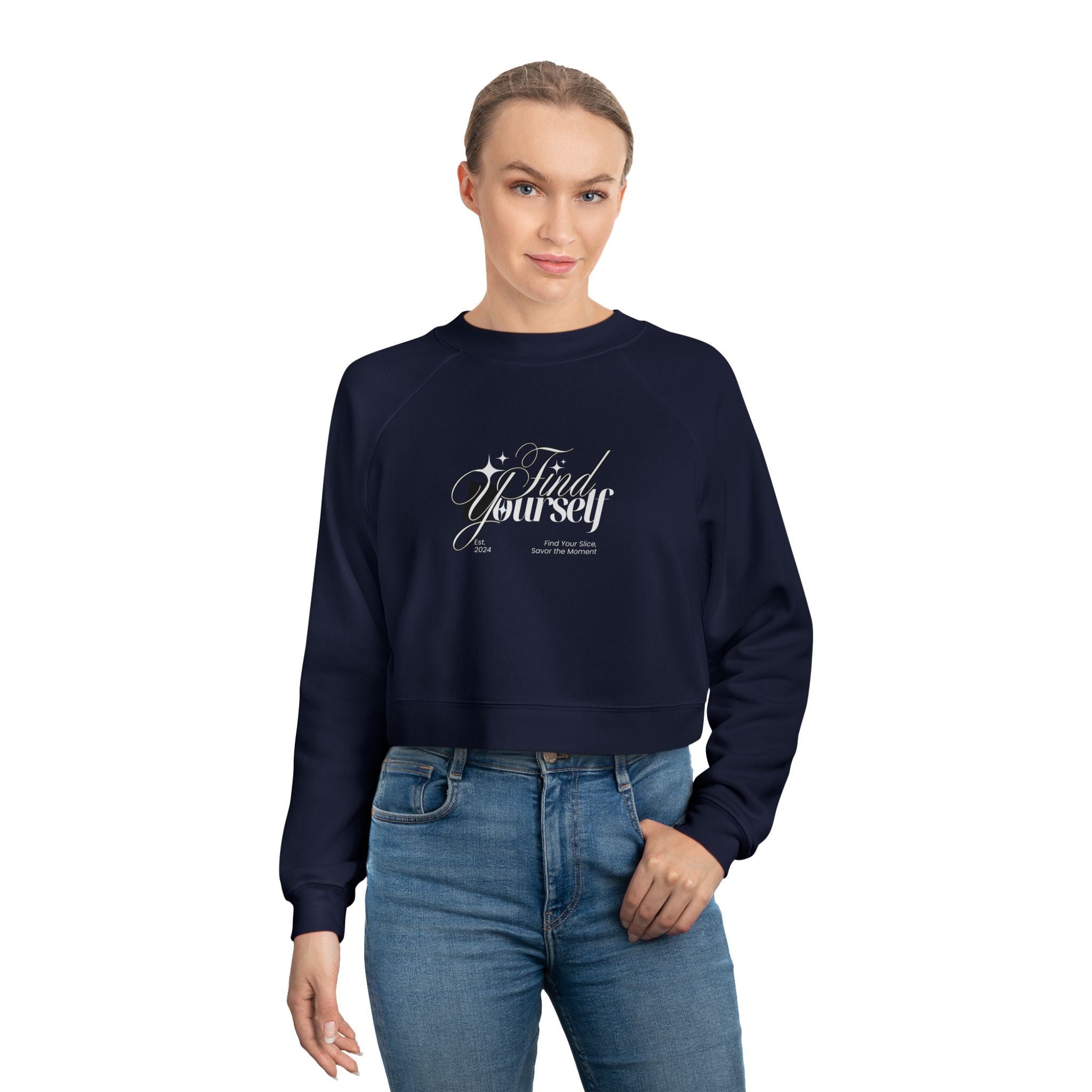 Person wearing a navy blue sweatshirt with text and jeans on a white background