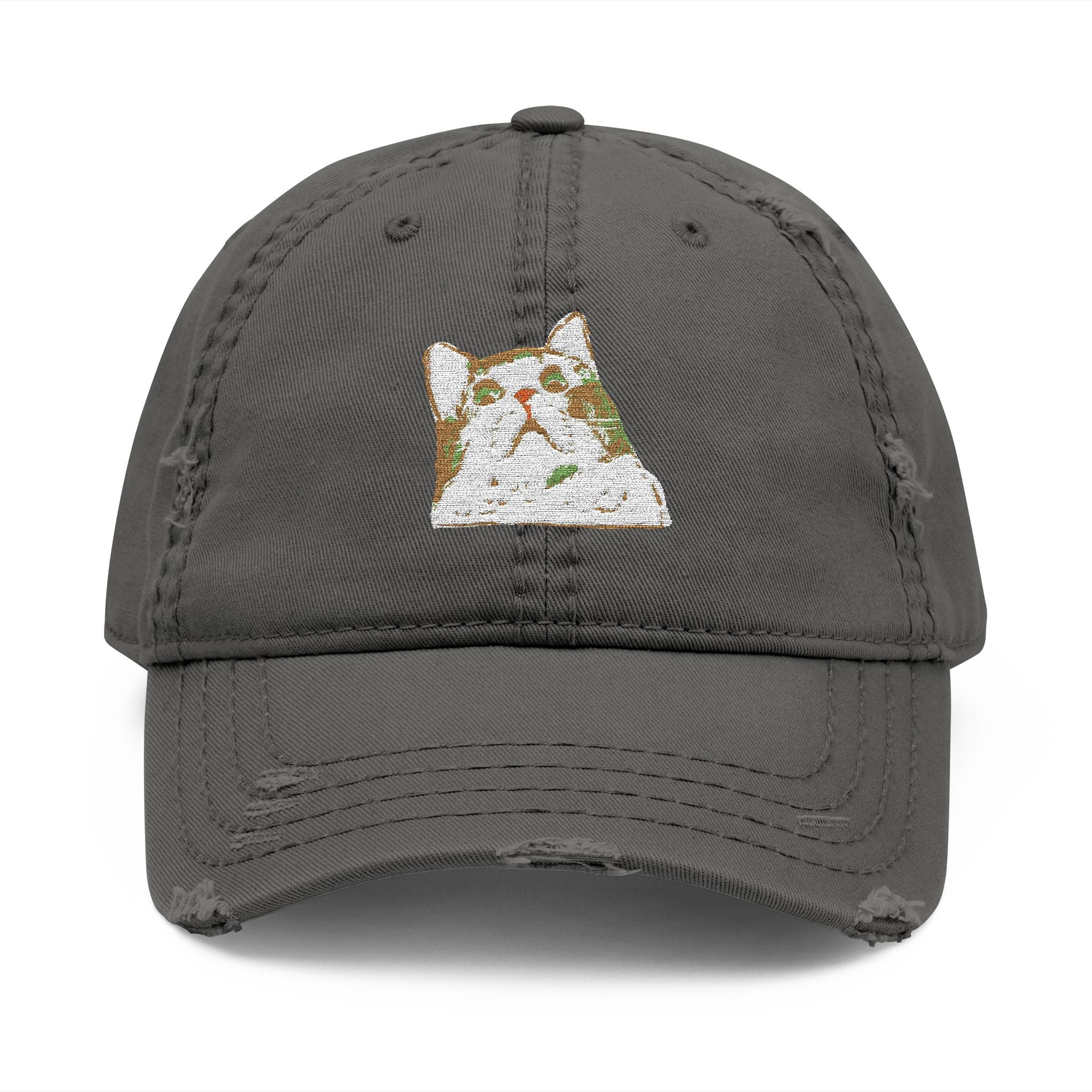 Gray cap with a embroidered cat design on a white background