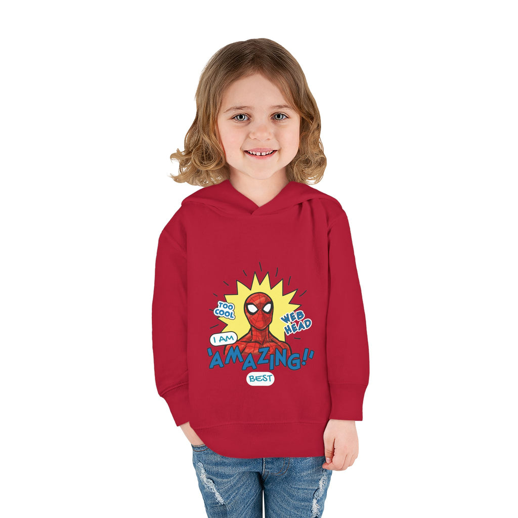 Child wearing a red hoodie with Spider-Man graphic and text on a white background