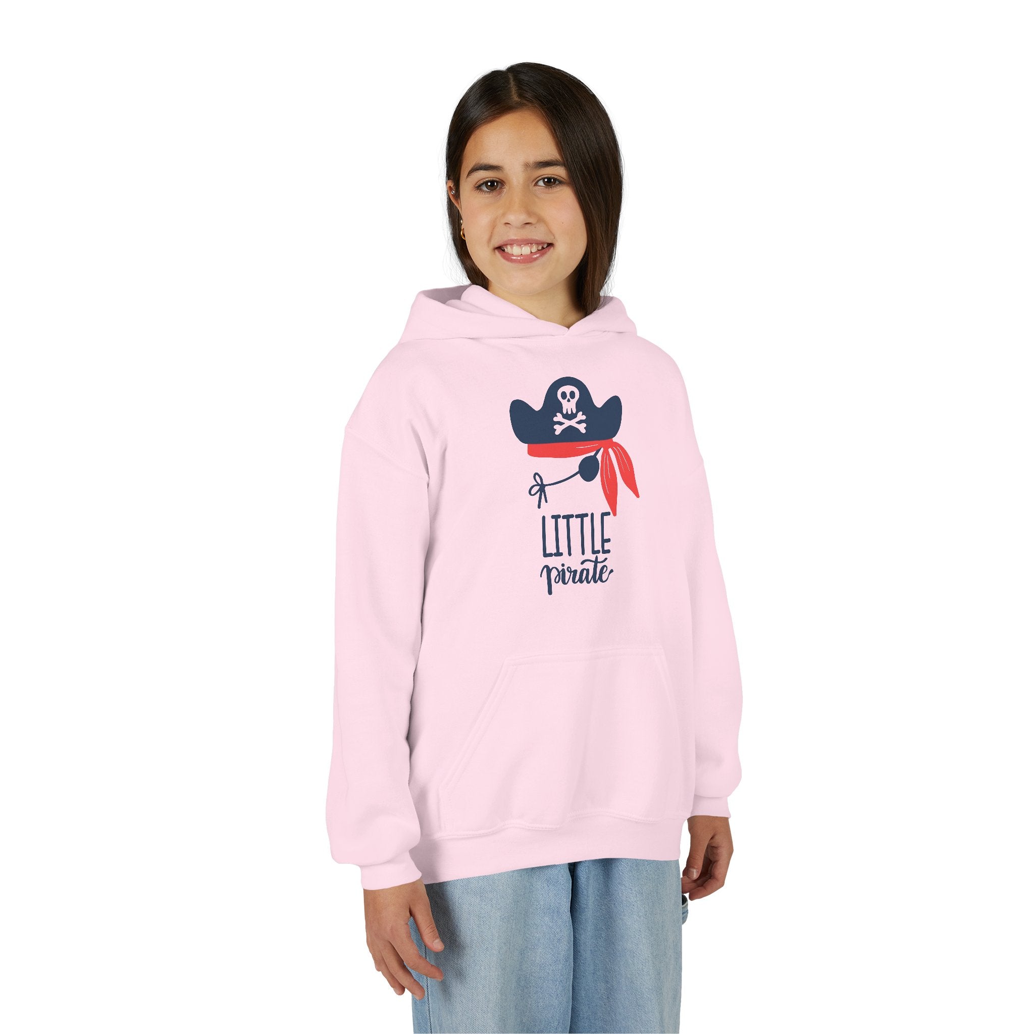 Child wearing a pink hoodie with a pirate design on a white background