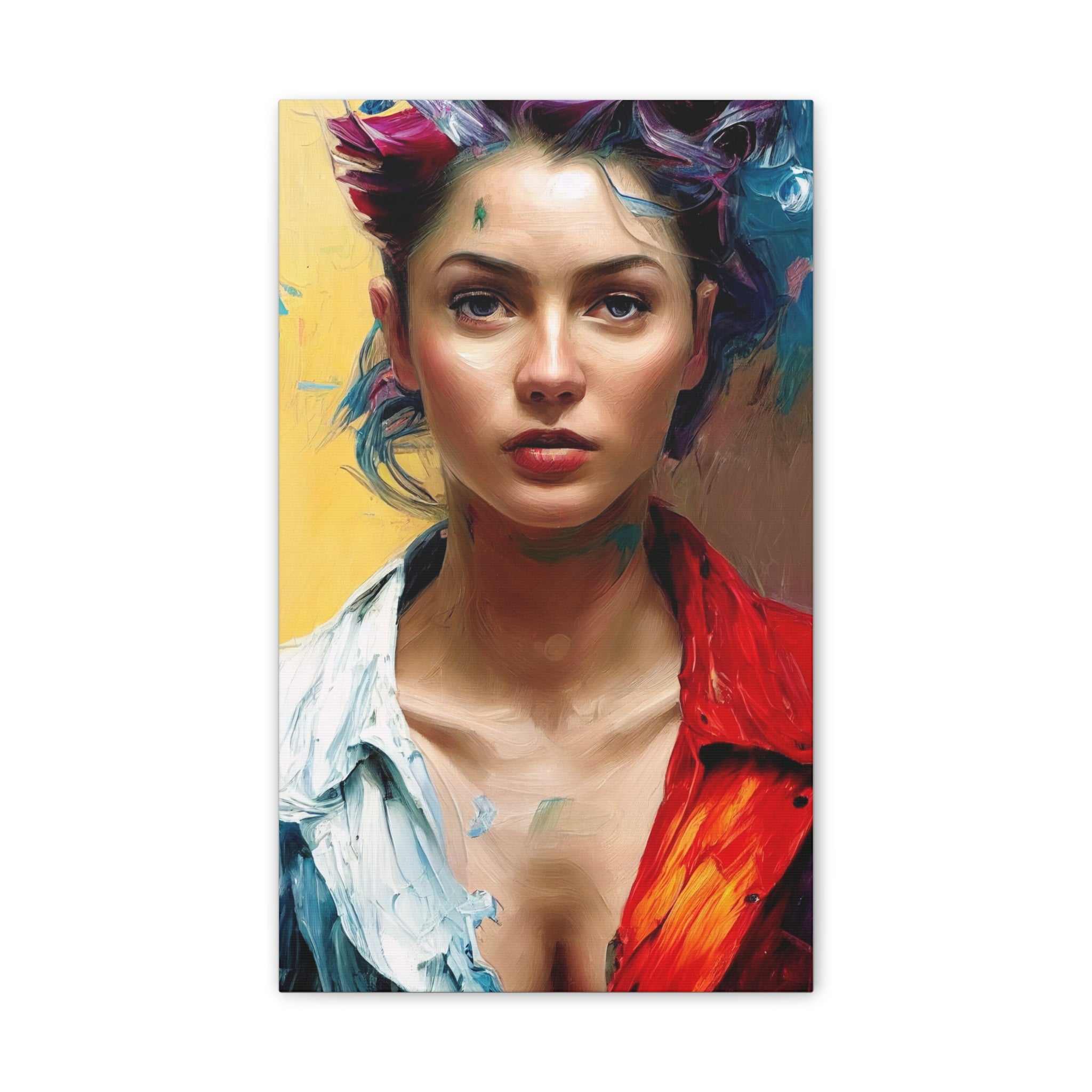 Artistic depiction of a woman with colorful hair and tattoos on a white background