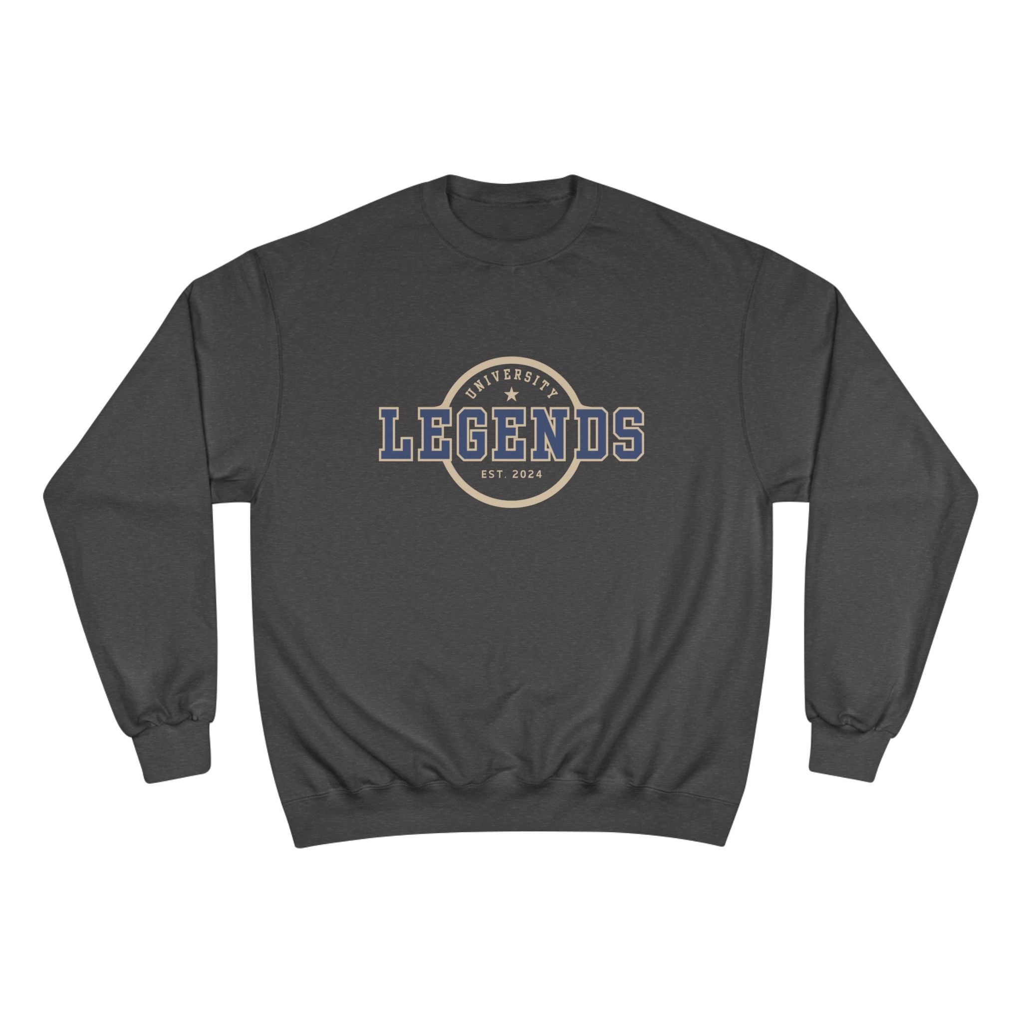 Dark gray sweatshirt with 'Legends' text on a white background