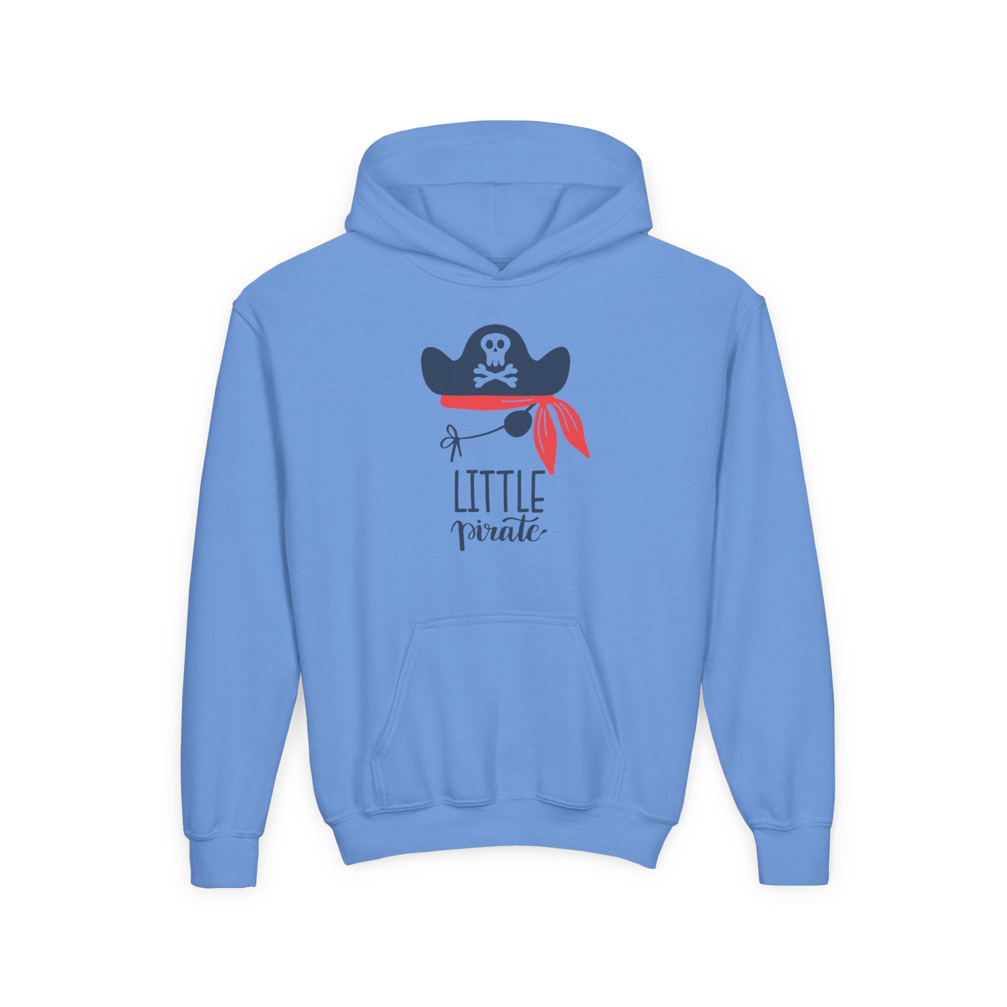 Light blue hoodie with a pirate design and text on a white background