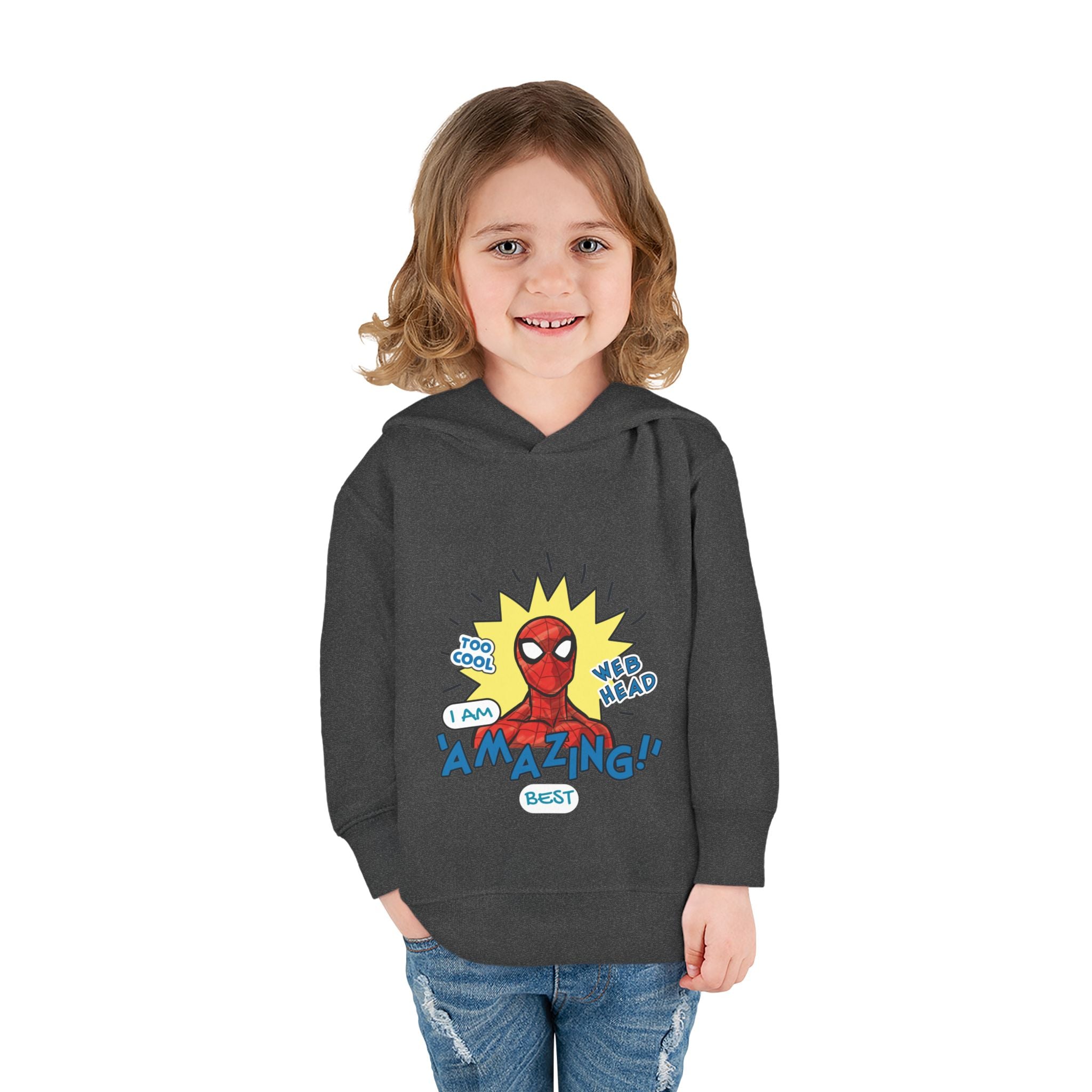 Child wearing a dark gray hoodie with Spider-Man graphic and text on a white background