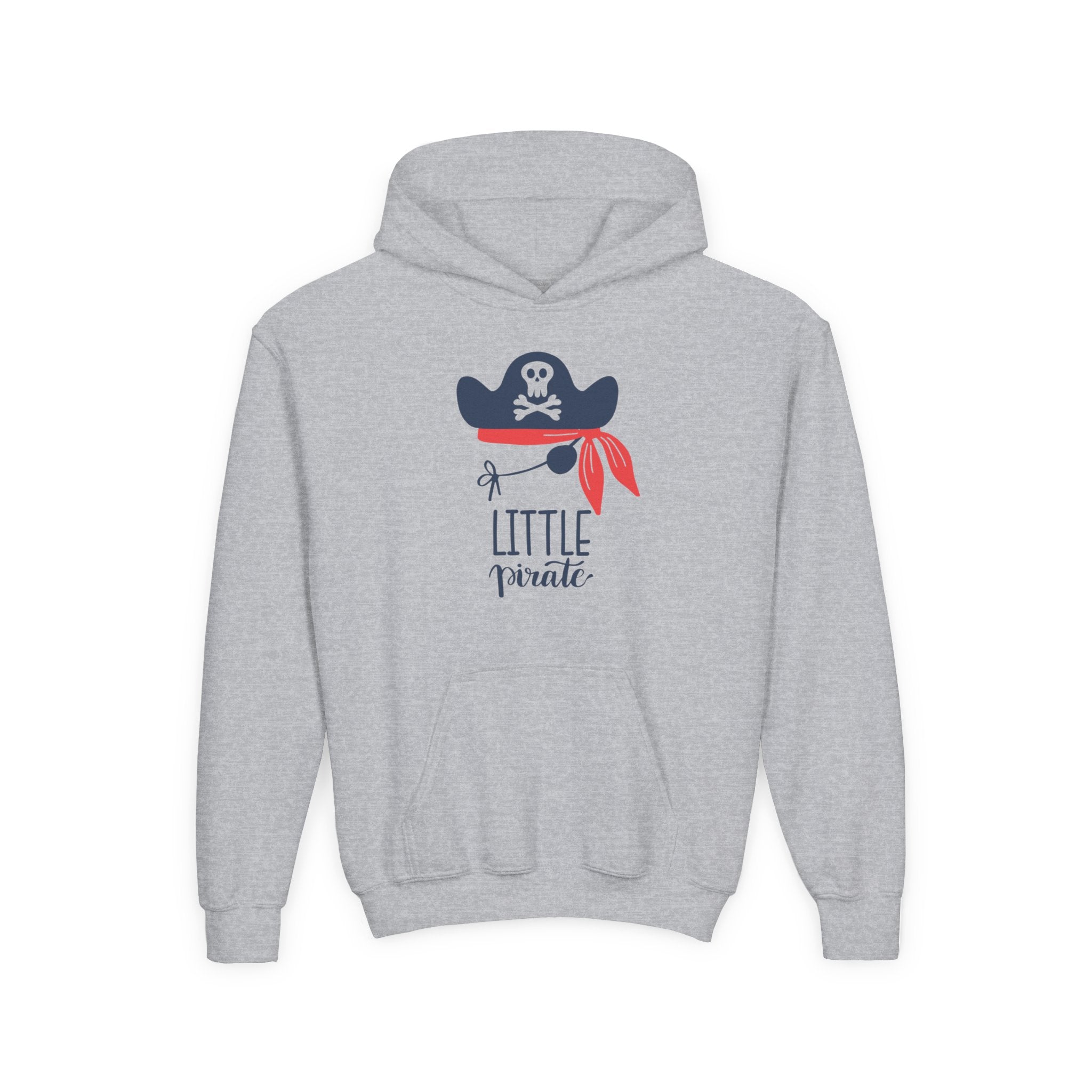 Gray hoodie with a pirate-themed design on a white background