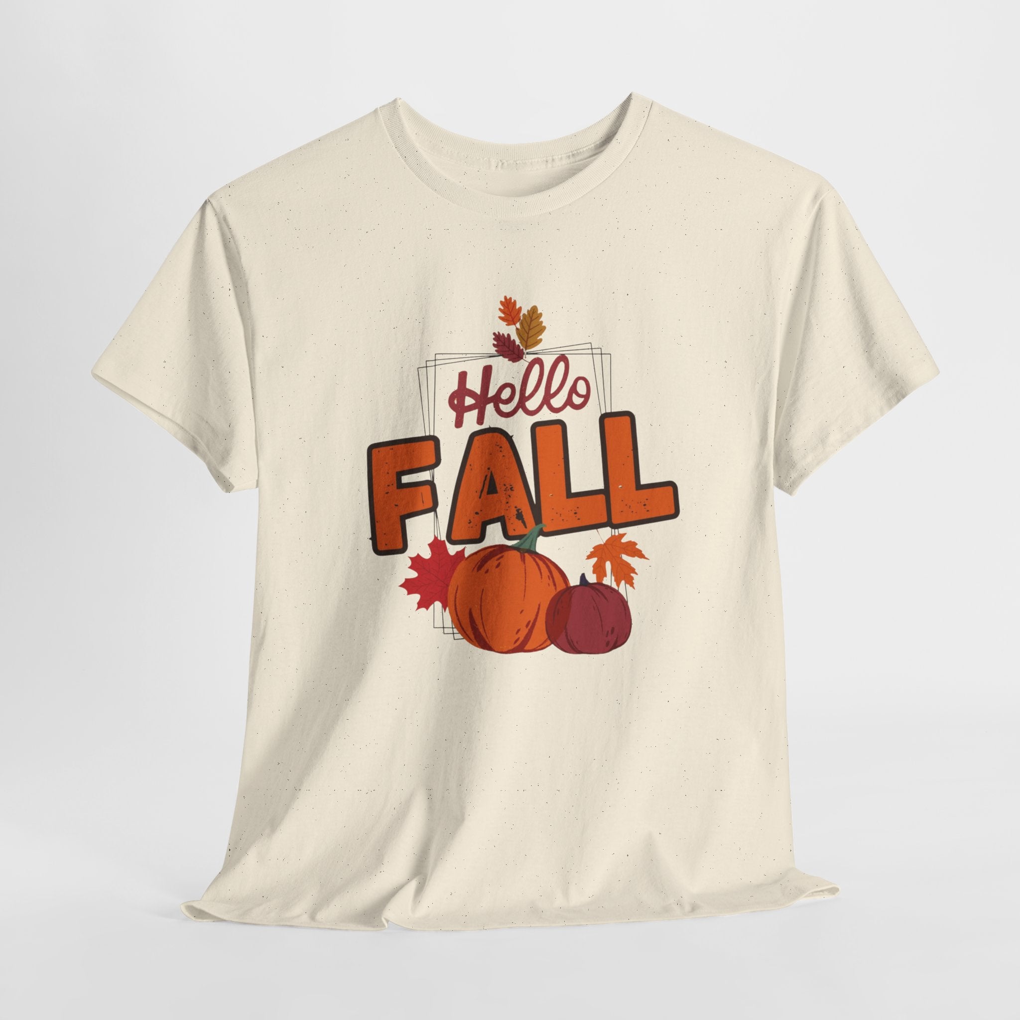 Beige t-shirt with 'Hello Fall' text and autumn graphics on a white background
