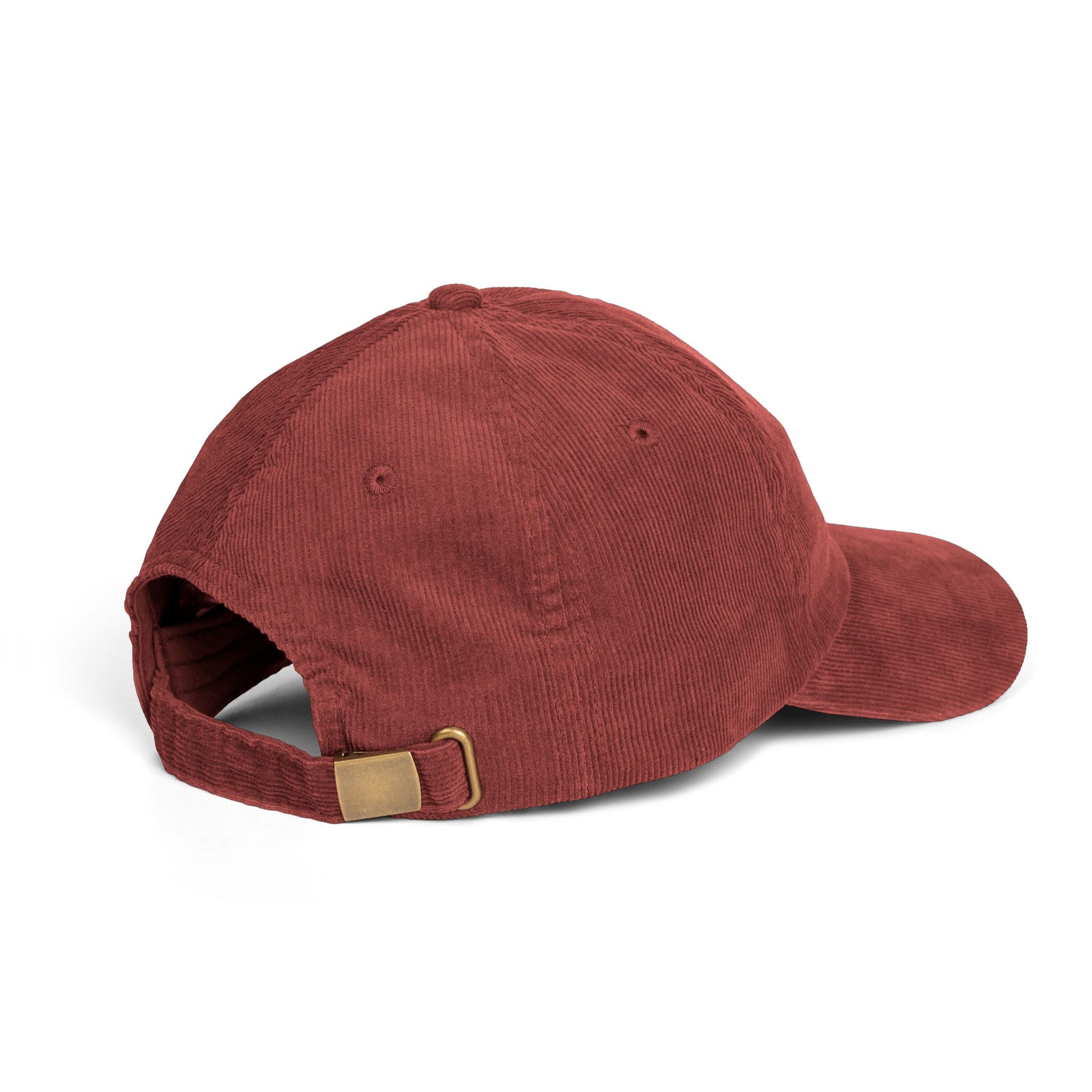 Red corduroy cap with a brown buckle on a white background