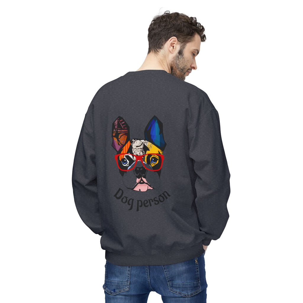 Person wearing a dark gray sweatshirt with a colorful dog design and 'Dog person' text on the back.