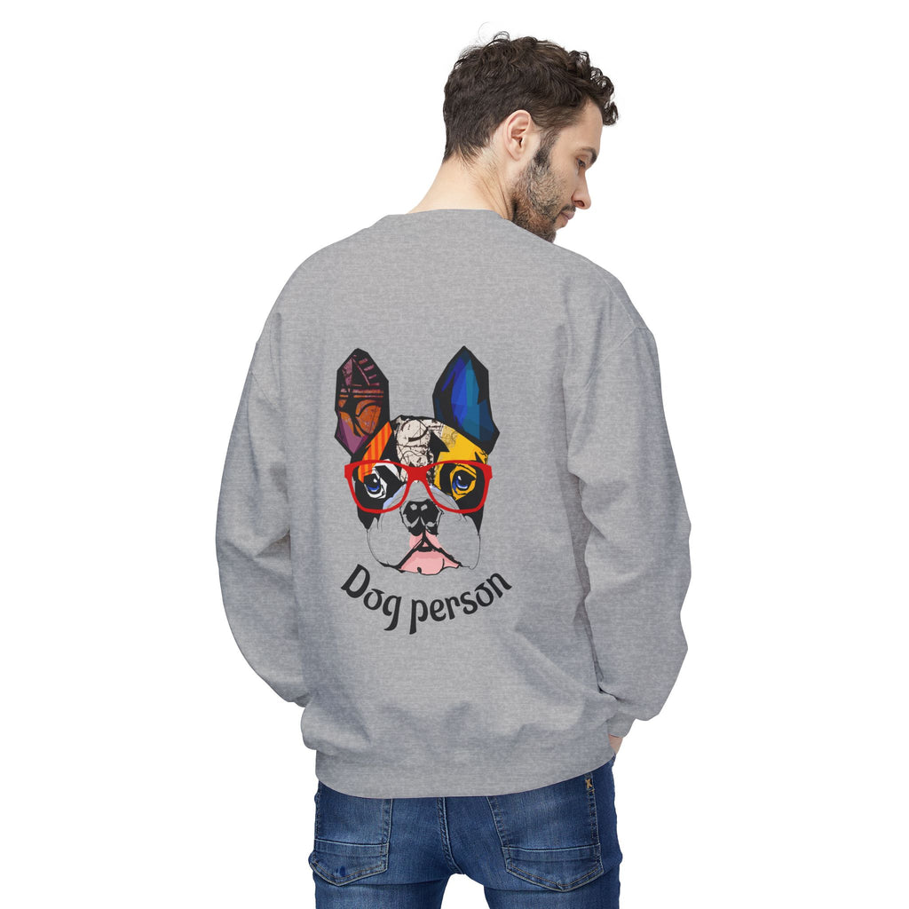 Person wearing a gray sweatshirt with a colorful dog graphic and 'Dog person' text on the back.