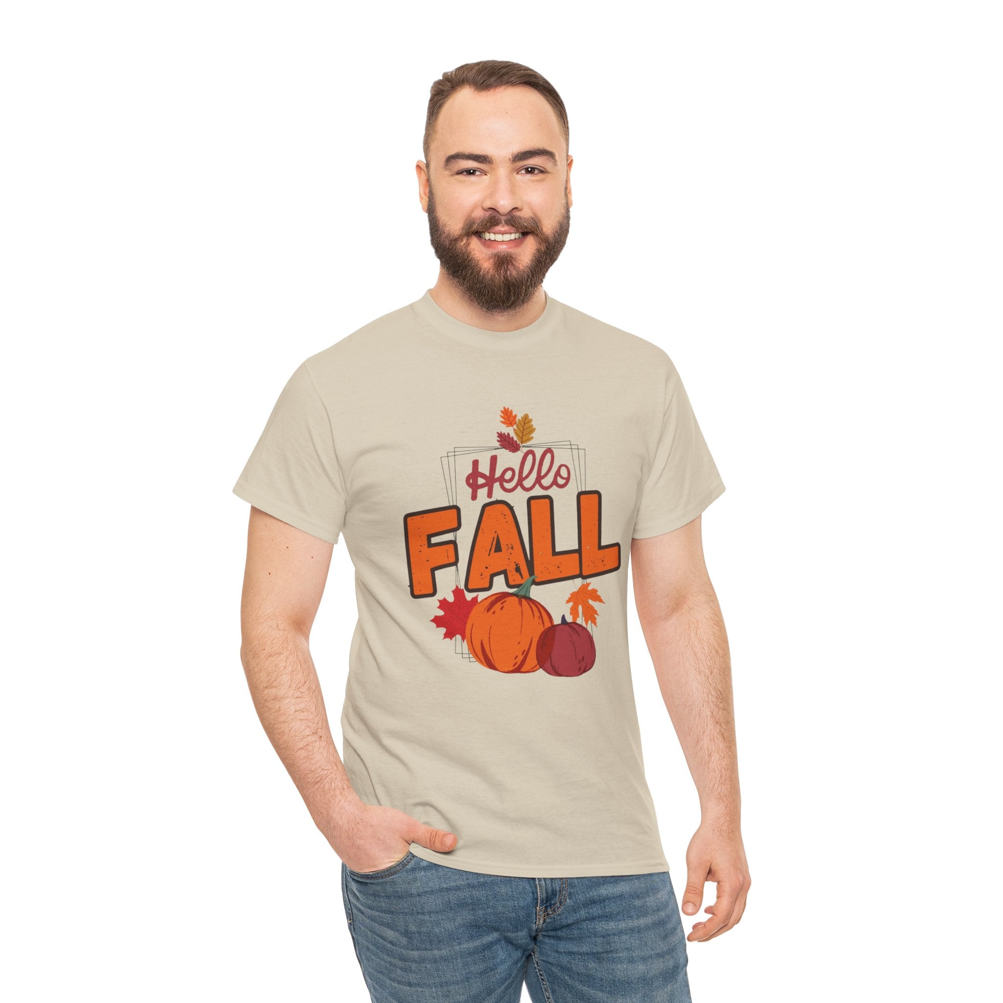 Man wearing a 'Hello Fall' t-shirt with pumpkins and leaves on a white background