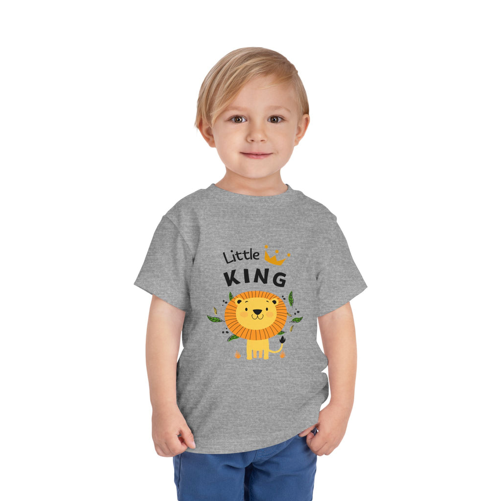 Child wearing a gray t-shirt with a lion graphic and 'Little King' text on a white background