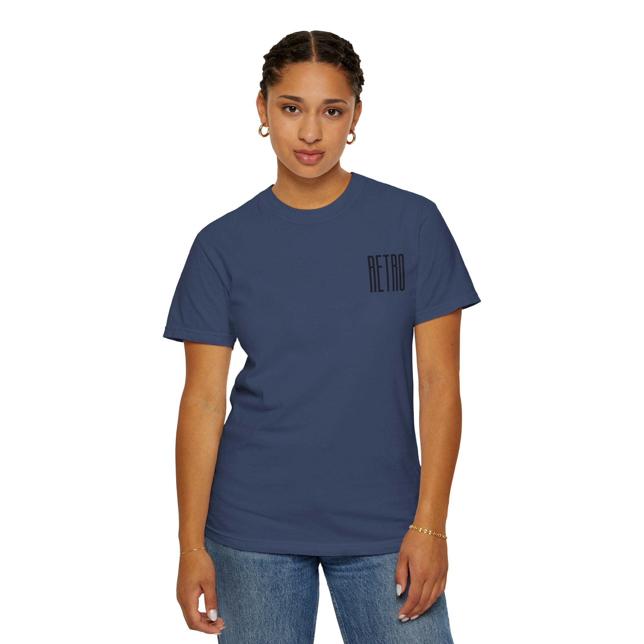 Person wearing a blue t-shirt with 'RETRO' text on a white background