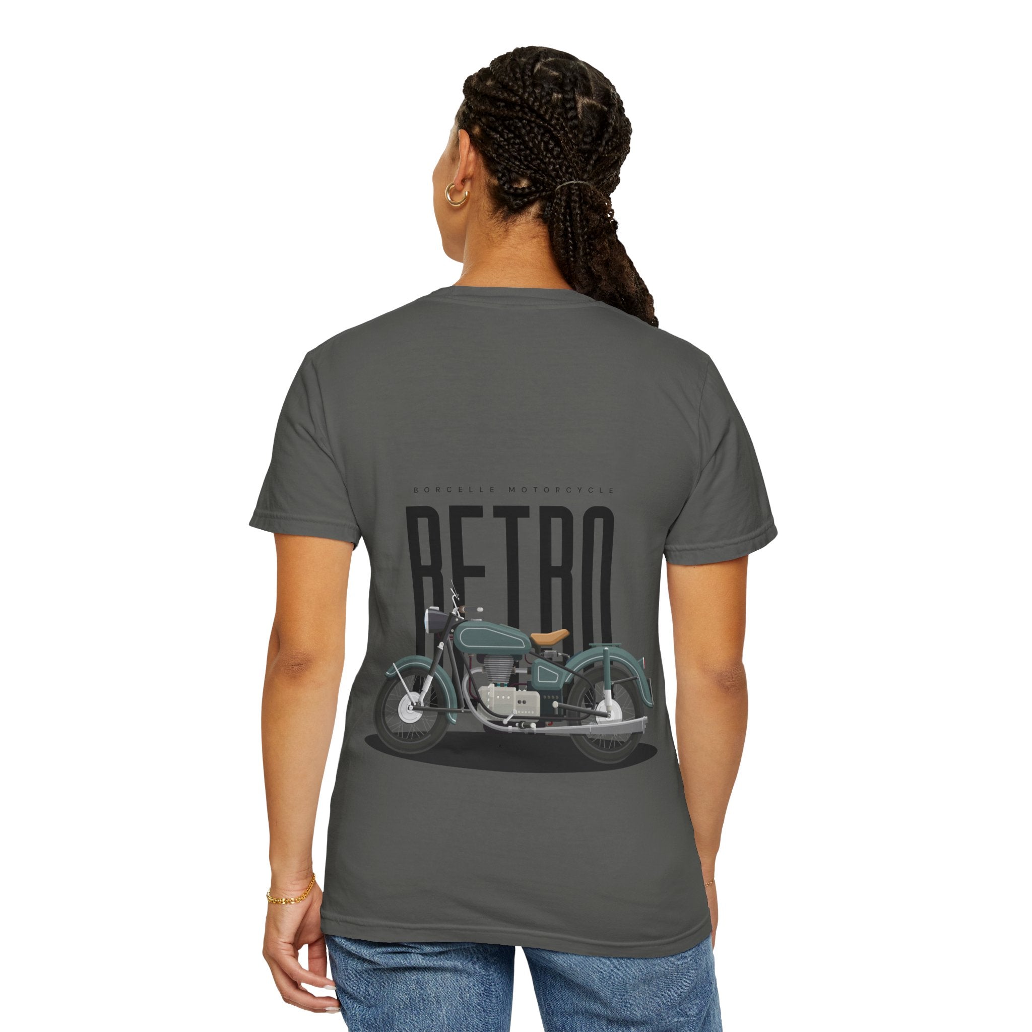 Person wearing a gray t-shirt with a motorcycle graphic and 'Retro' text on the back.