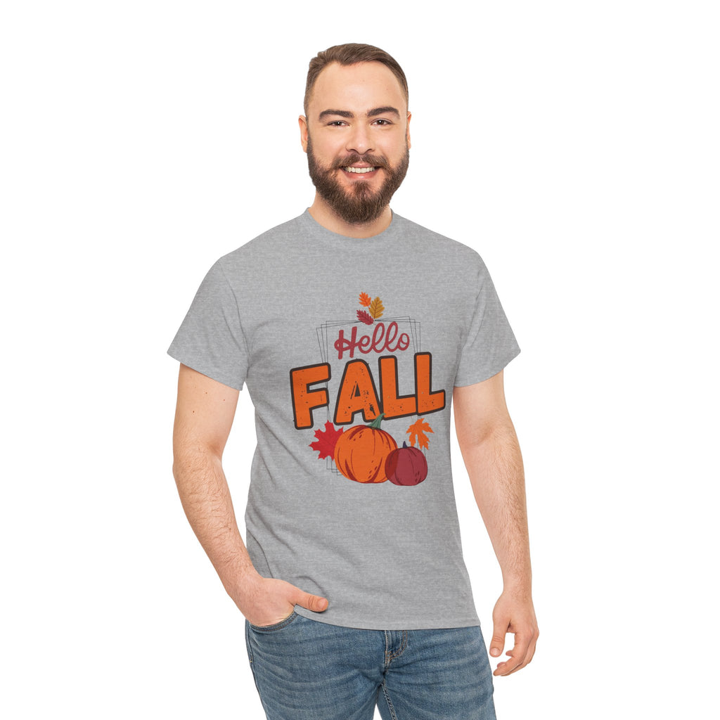 Man wearing a gray t-shirt with 'Hello Fall' text and pumpkins on a white background