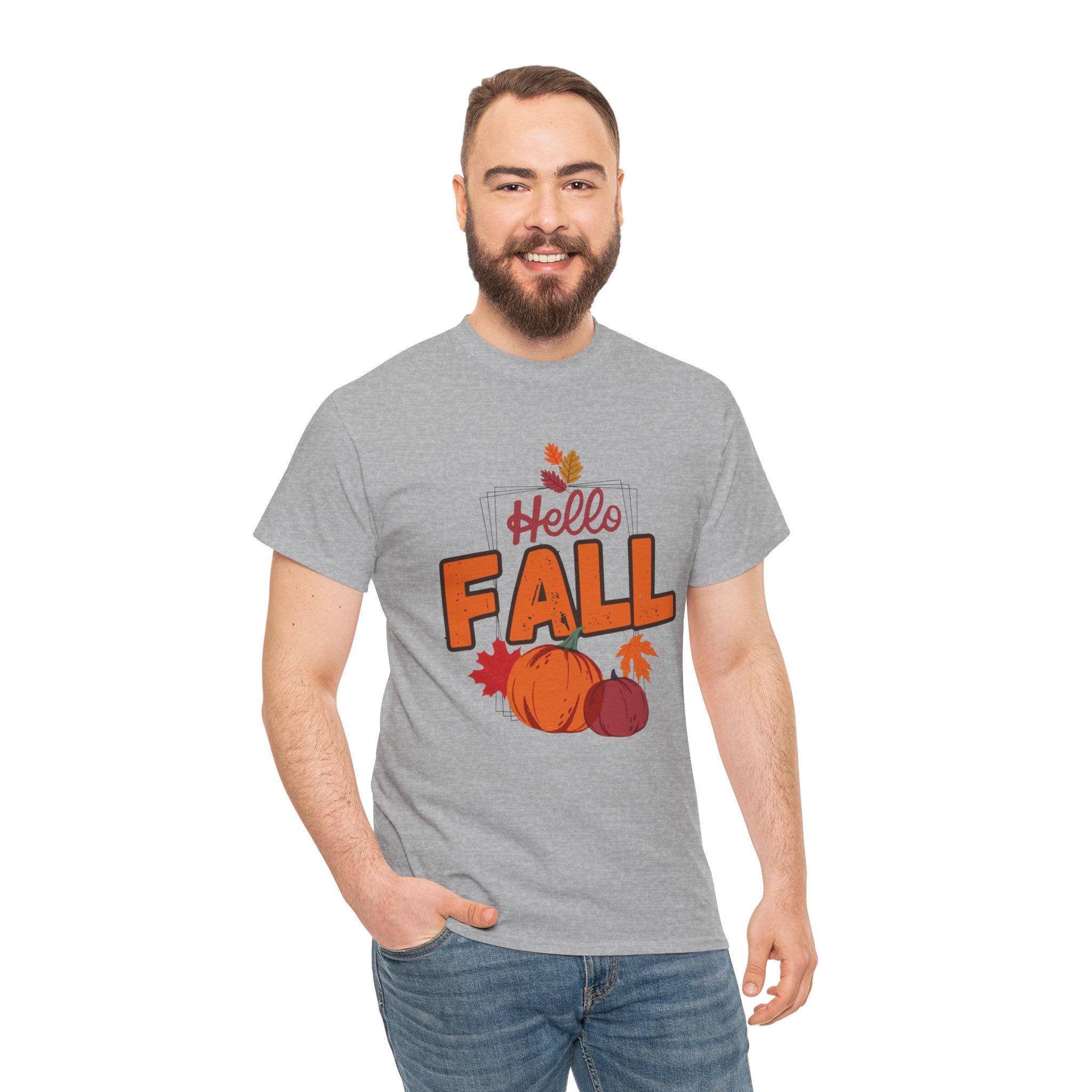 Man wearing a gray t-shirt with 'Hello Fall' text and pumpkins on a white background