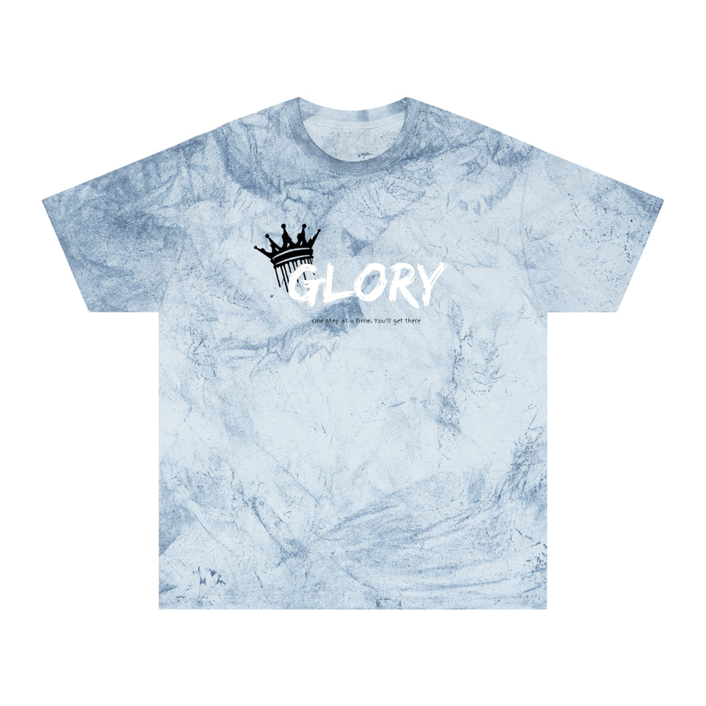 Blue marble-patterned t-shirt with 'GLORY' text and crown logo on a white background