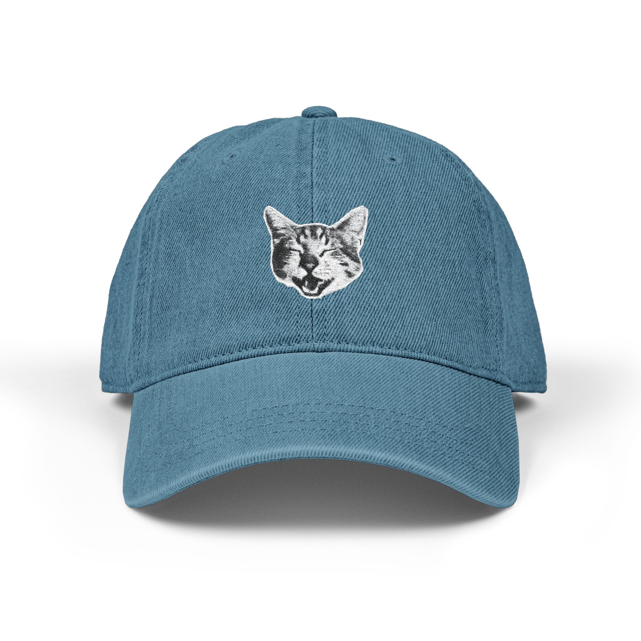 Blue cap with a cat face design on a white background