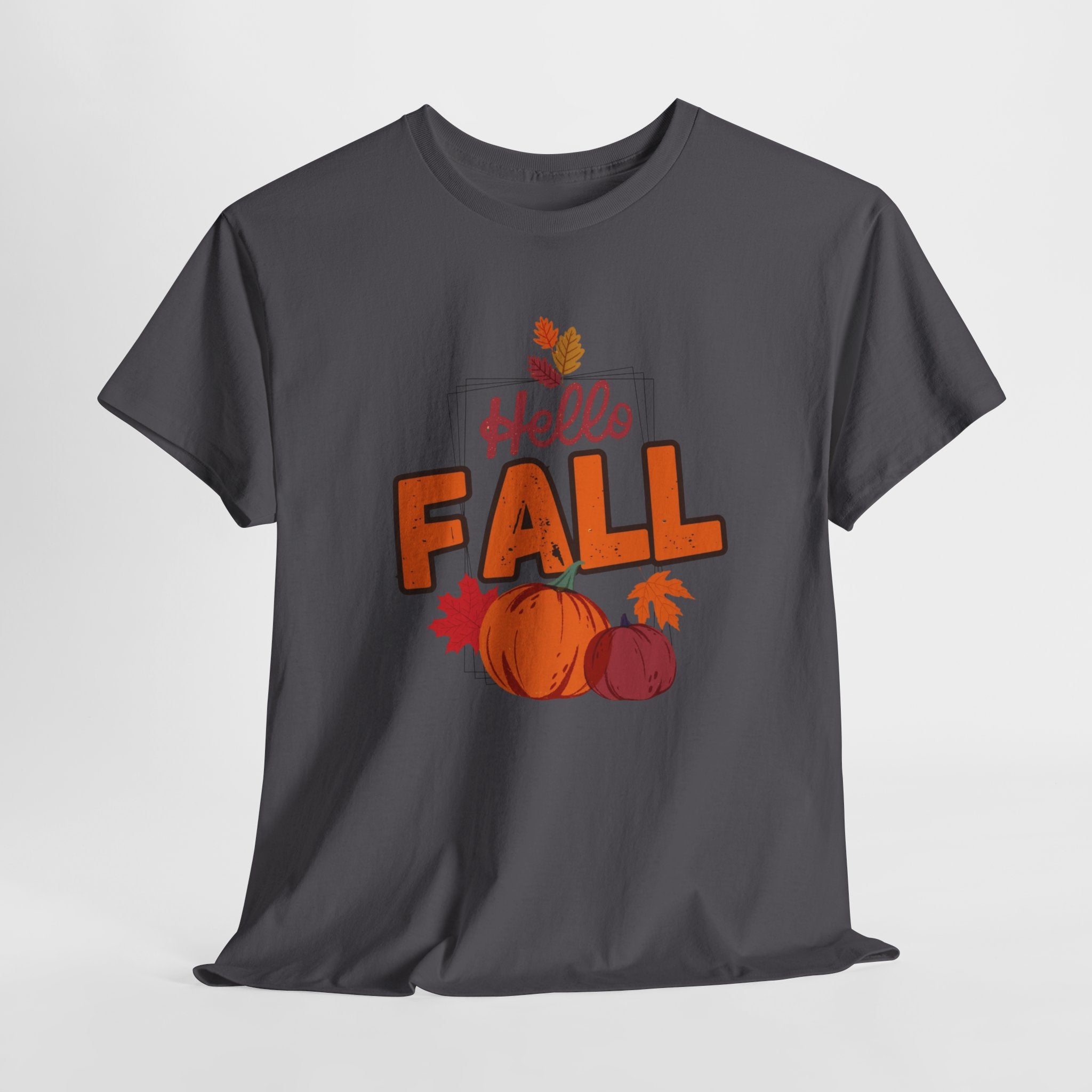 Gray t-shirt with 'Hello Fall' text and autumn graphics on a light gray background