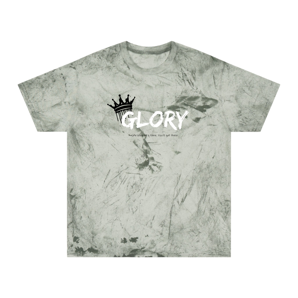 T-shirt with 'GLORY' logo and text on a marble pattern background