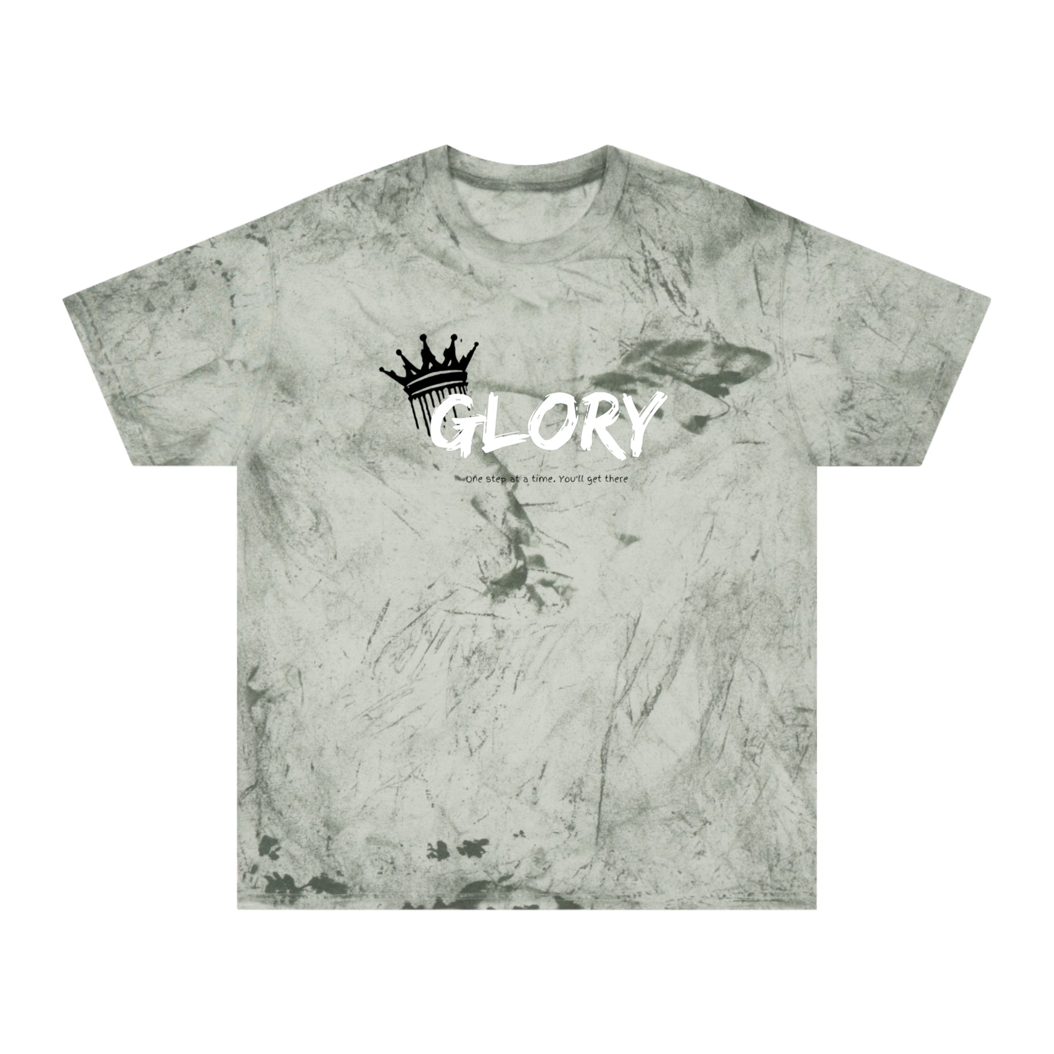 T-shirt with 'GLORY' logo and text on a marble pattern background