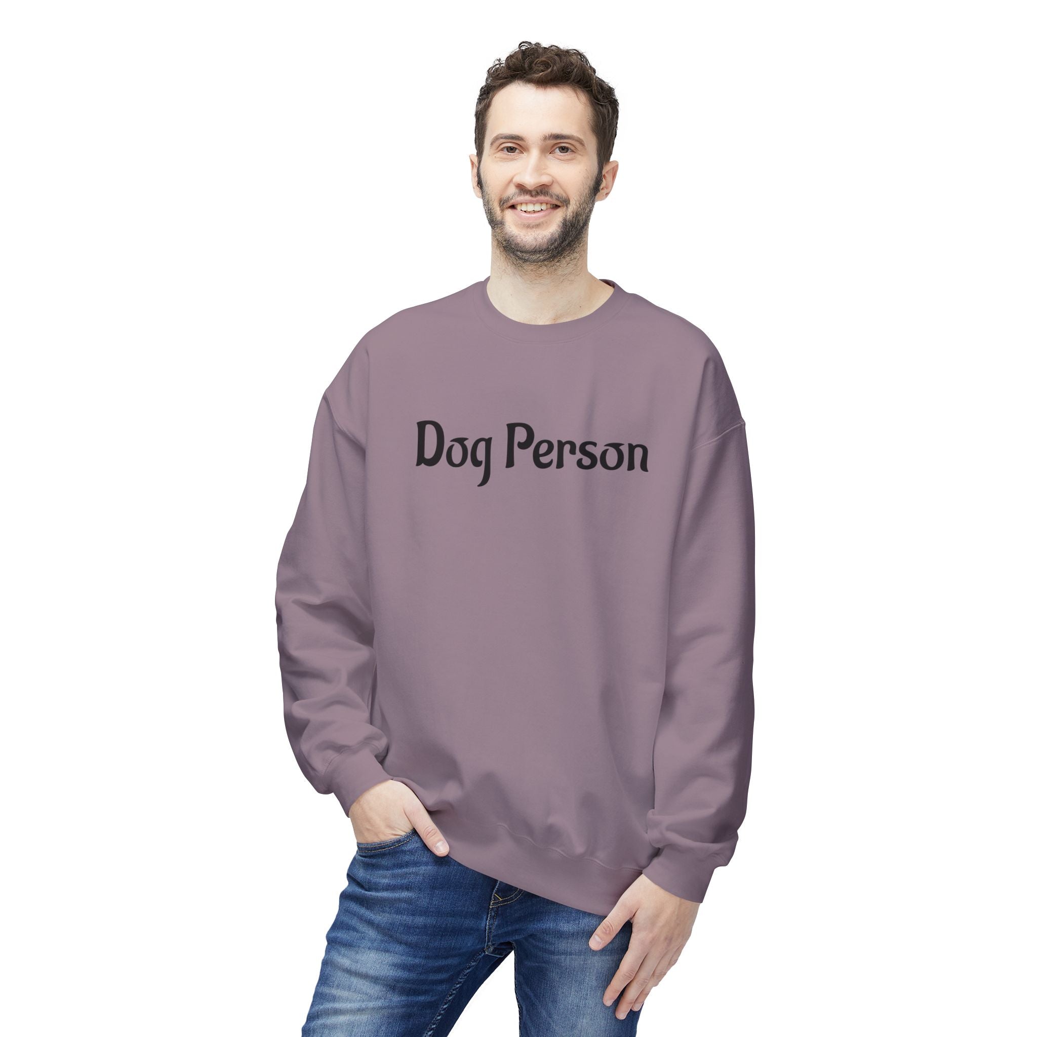Man wearing a purple sweatshirt with 'Dog Person' text on a white background