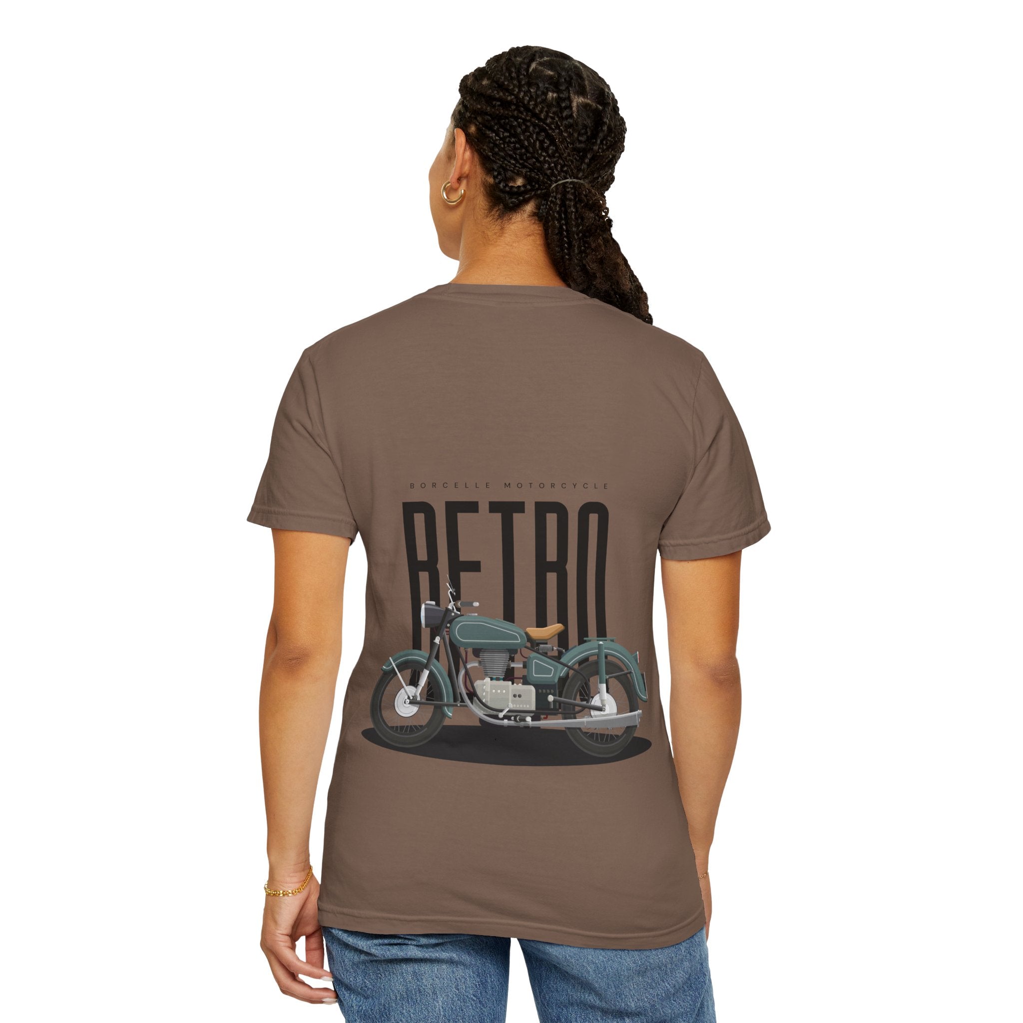 Person wearing a brown t-shirt with a motorcycle graphic and 'Retro' text on the back.