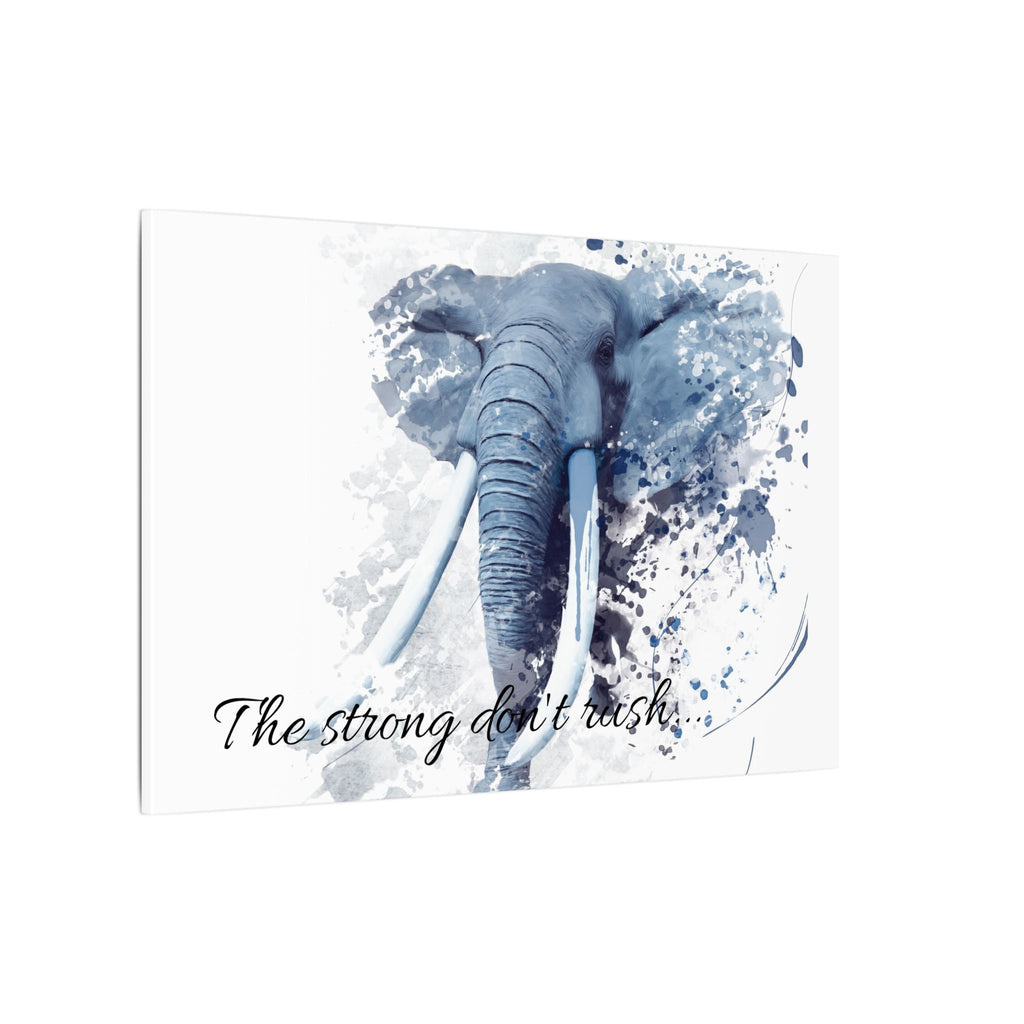 Artistic depiction of an elephant with watercolor texture and 'The strong don't rush' text on a white background