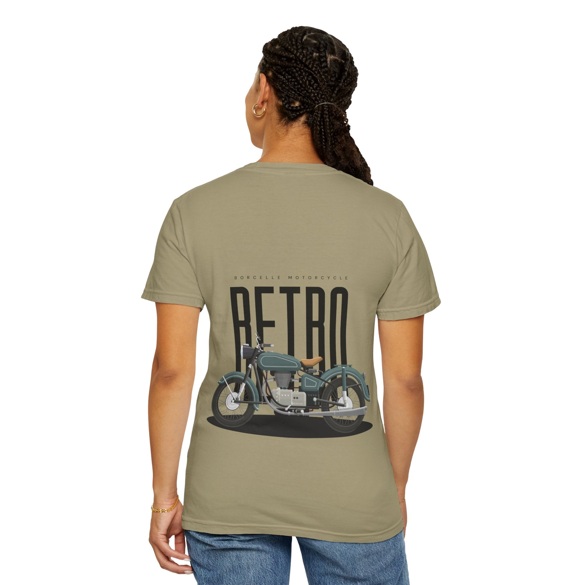 Person wearing a khaki t-shirt with a motorcycle graphic and 'Retro' text on the back.