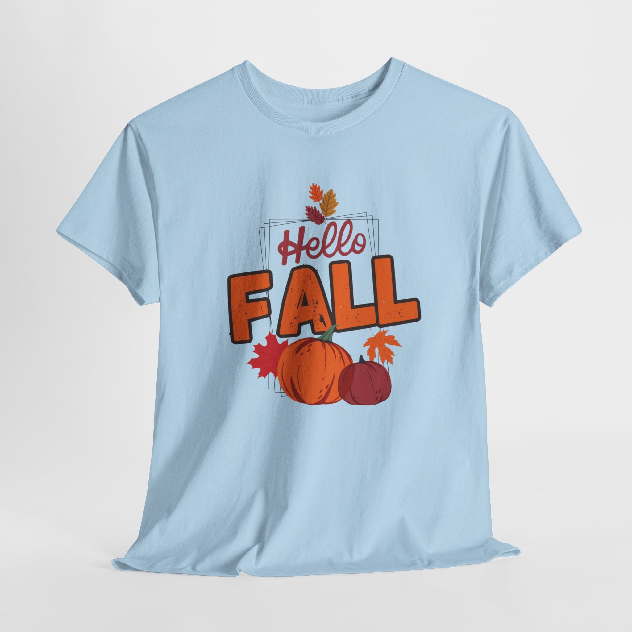 Light blue t-shirt with 'Hello Fall' text and pumpkins on a light gray background