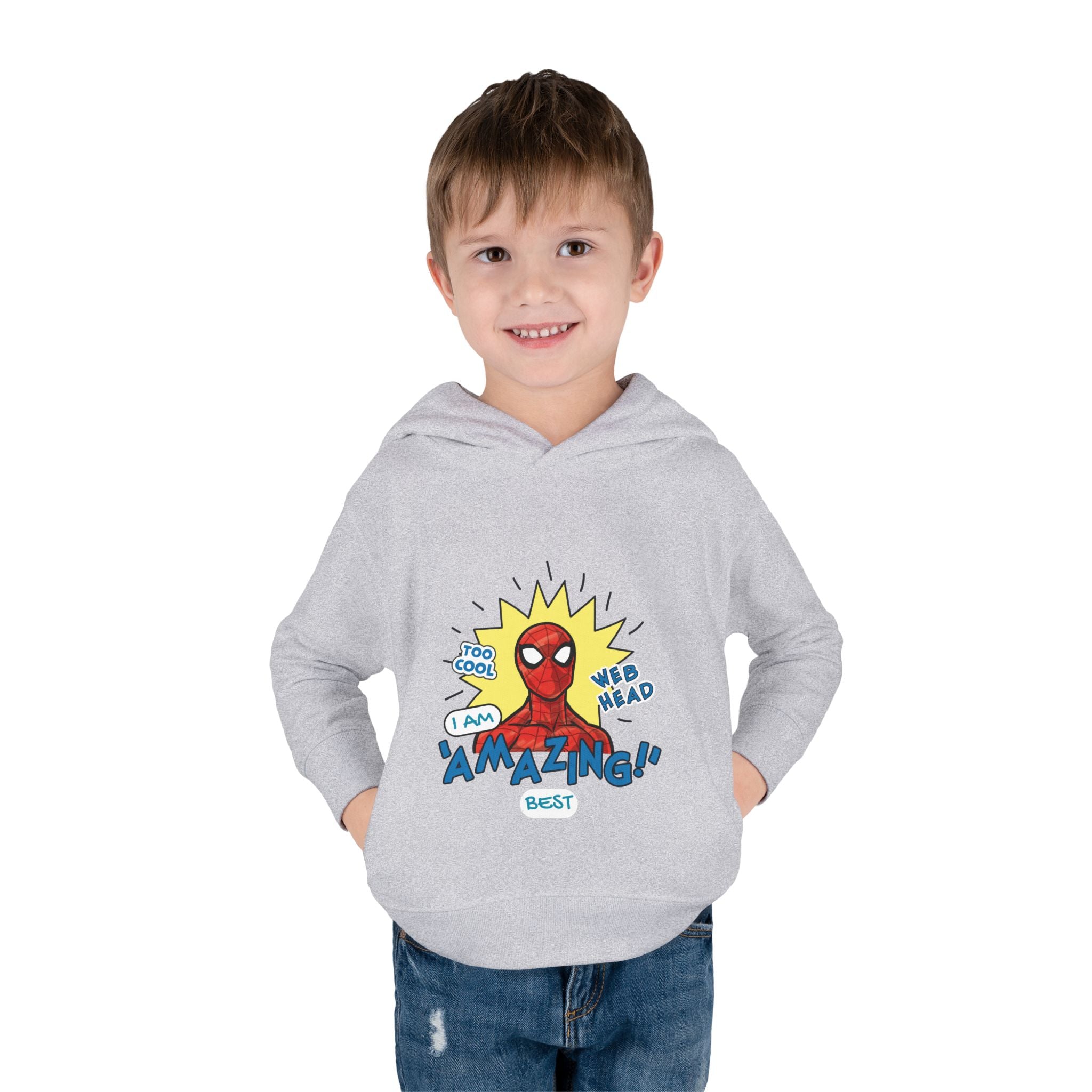 Child wearing a gray hoodie with Spider-Man graphic and text on a white background
