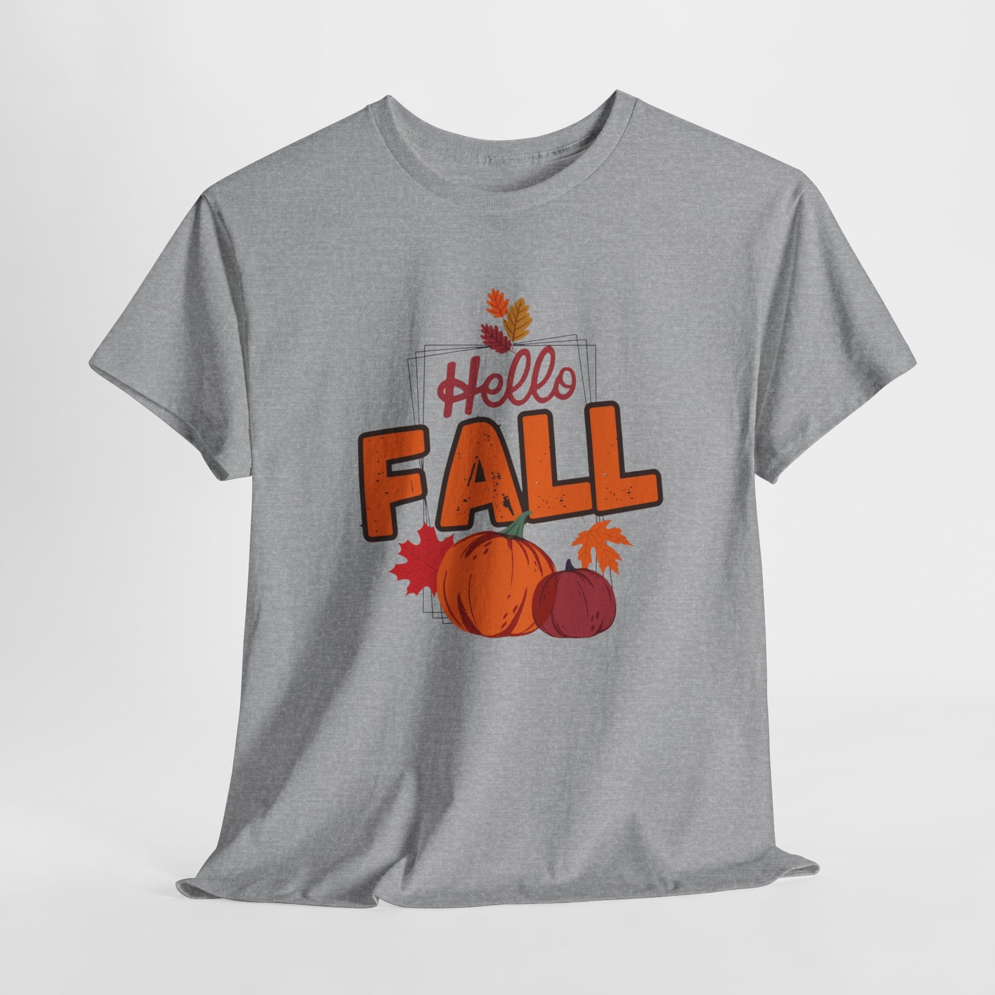 Gray t-shirt with 'Hello Fall' text and autumn graphics on a white background
